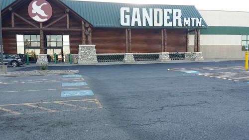 Gander Mountain store exterior with green awning, log columns, and handicap parking spaces.