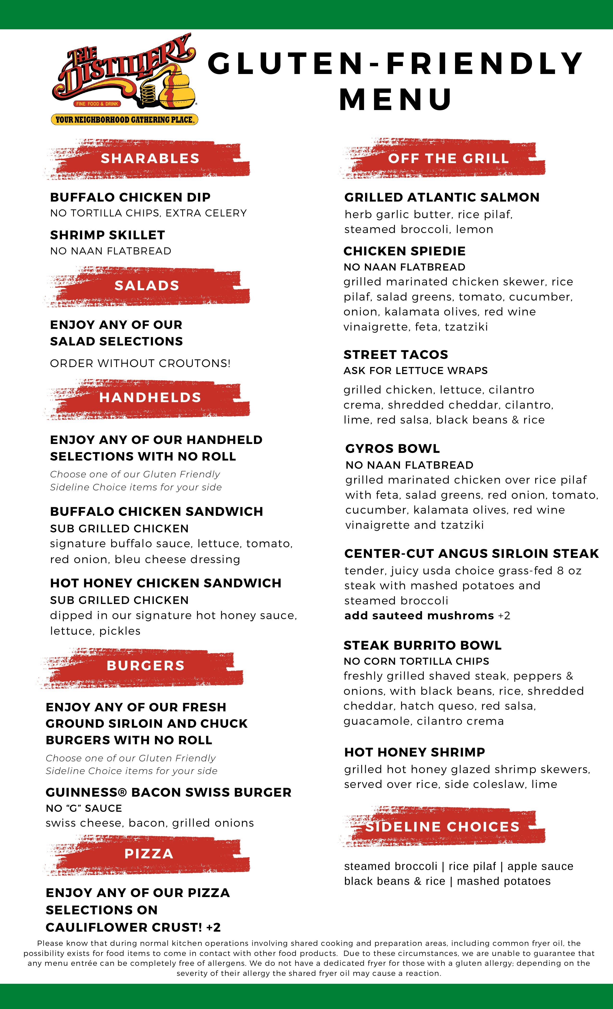 Gluten Friendly Menu