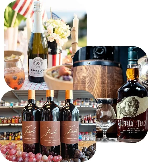 collage of various wines on tables with grapes