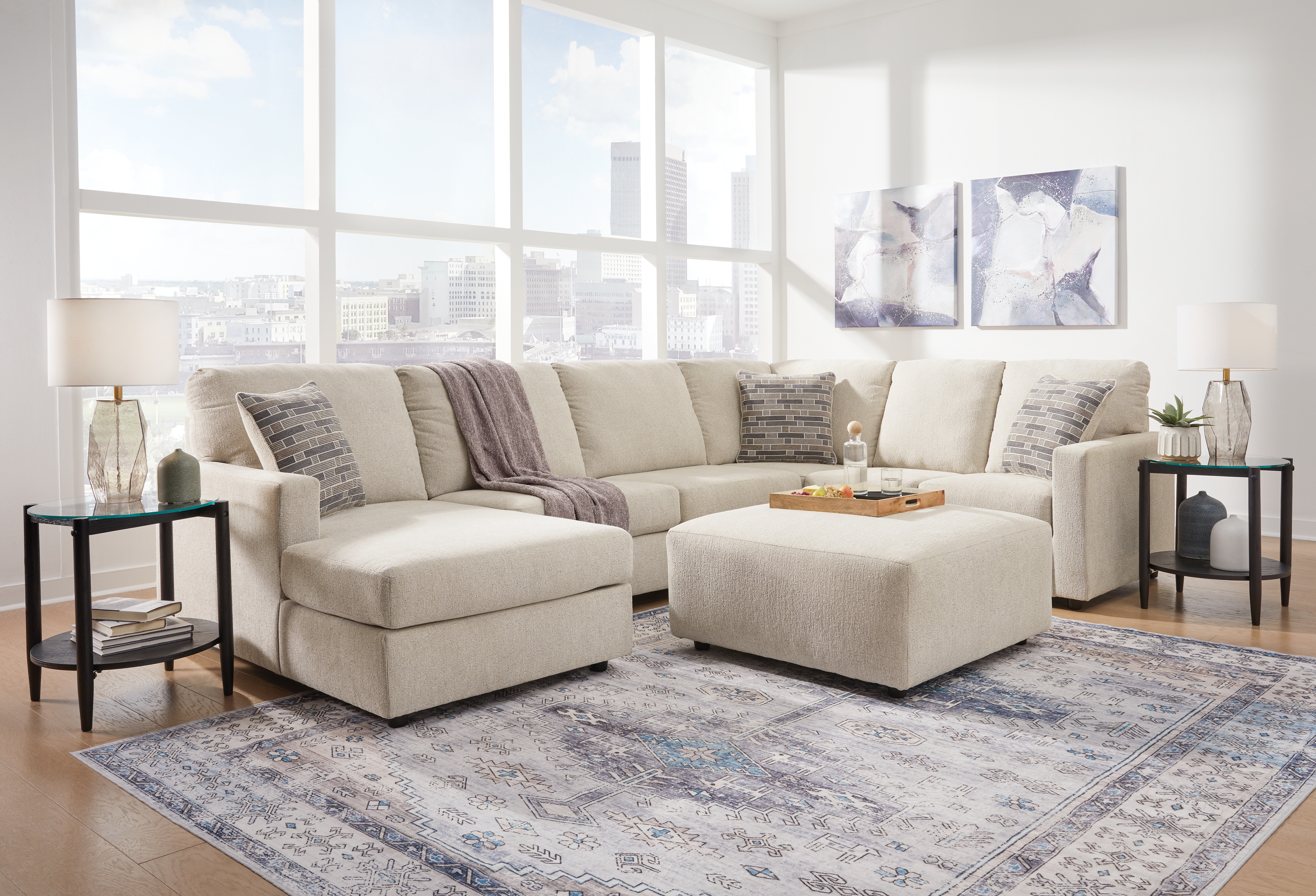 Edenfield - 4 Pc. - Left Arm Facing Corner Chaise 3 Pc Sectional, Ottoman - Linen