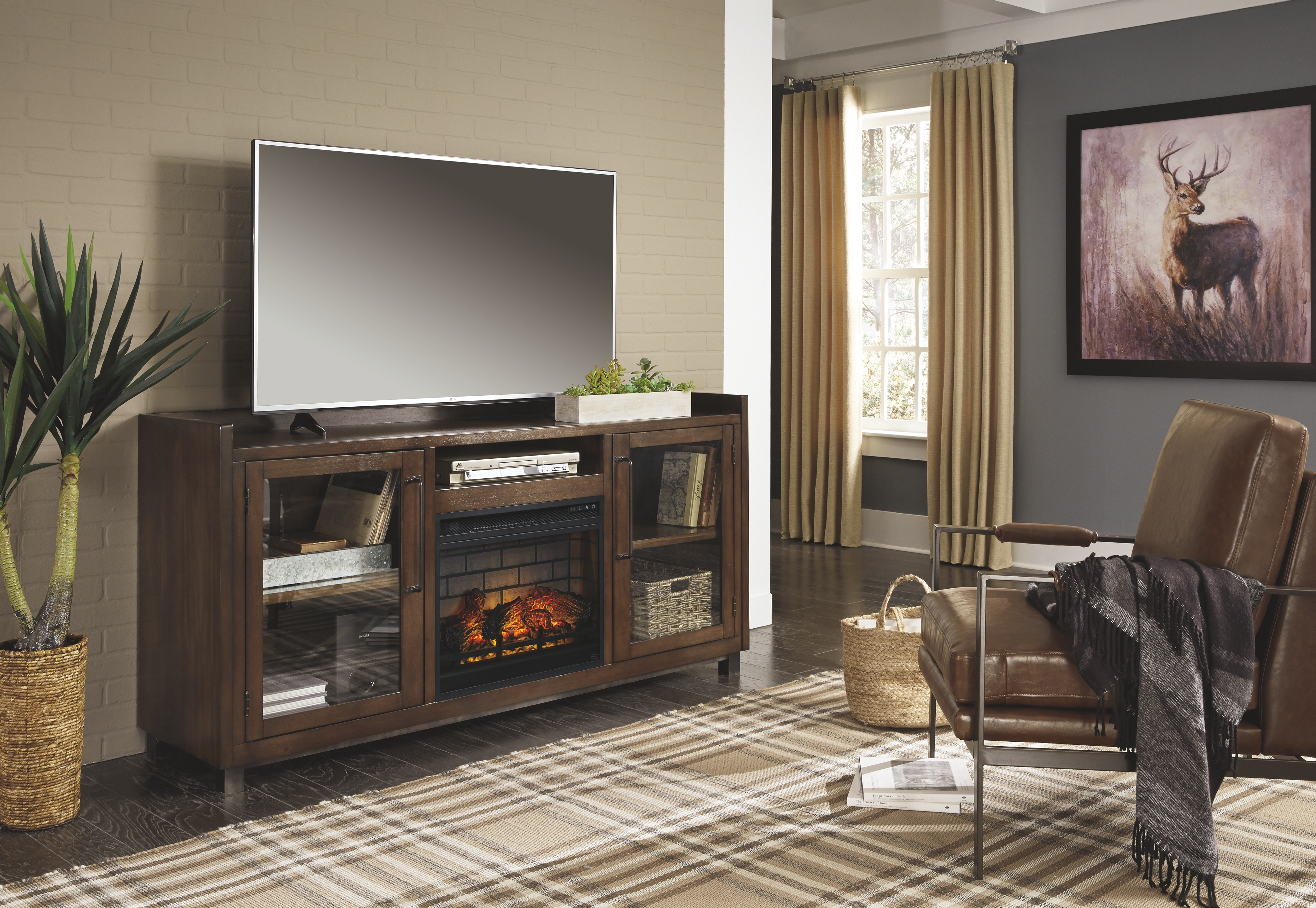 Starmore - 2 Pc. - 70" TV Stand with Faux Firebrick Fireplace Insert - Brown