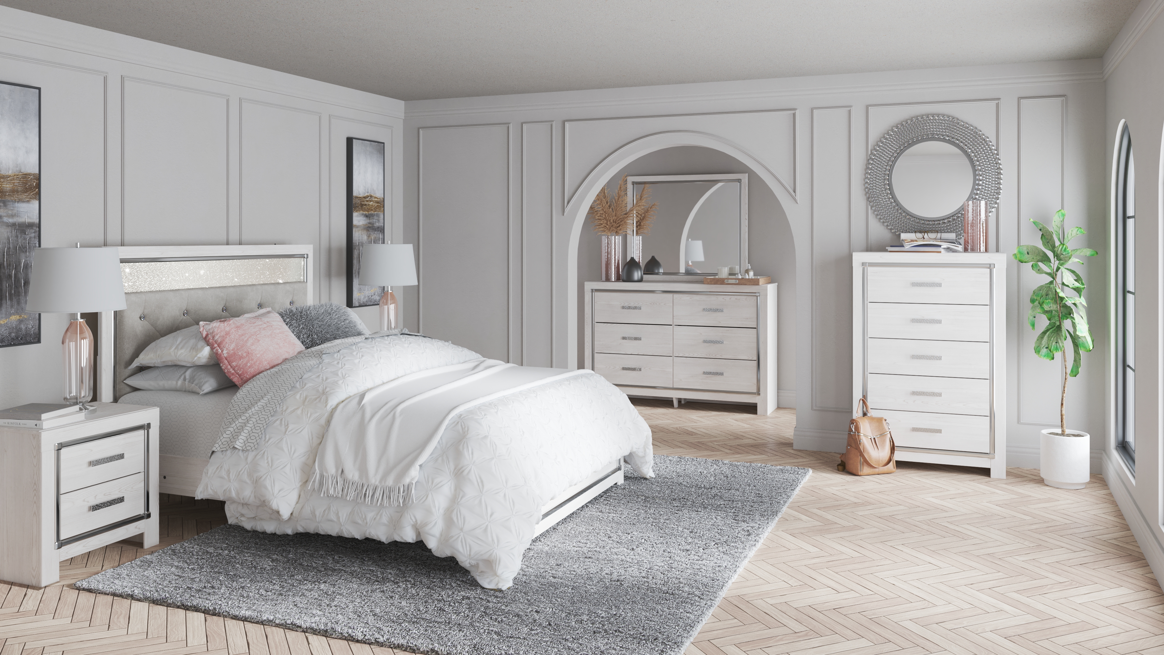 Altyra - 5 Pc. - Dresser, Mirror, Queen Panel Bed - White