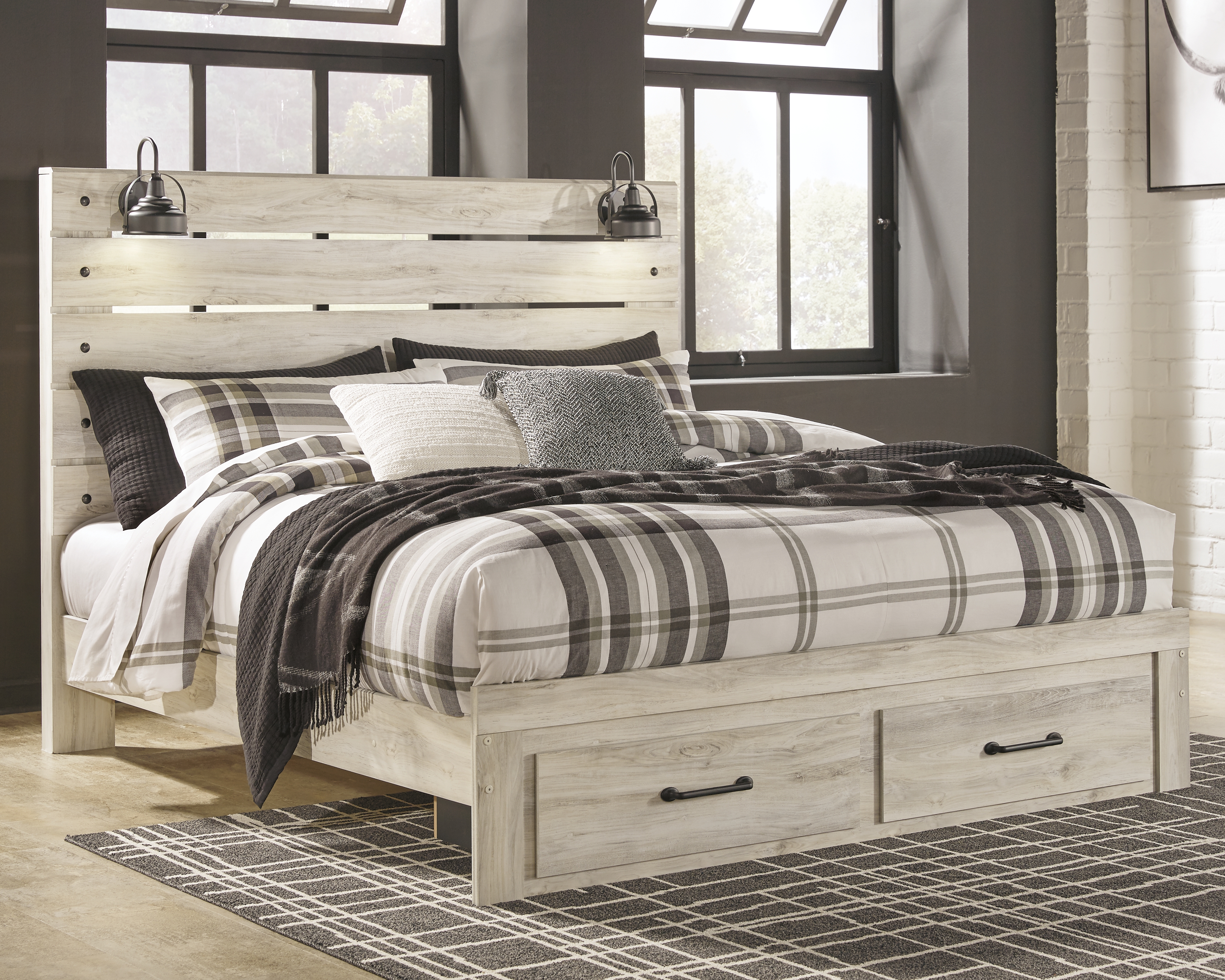 Cambeck - King Panel Bed with 2 Storage Drawers - Whitewash