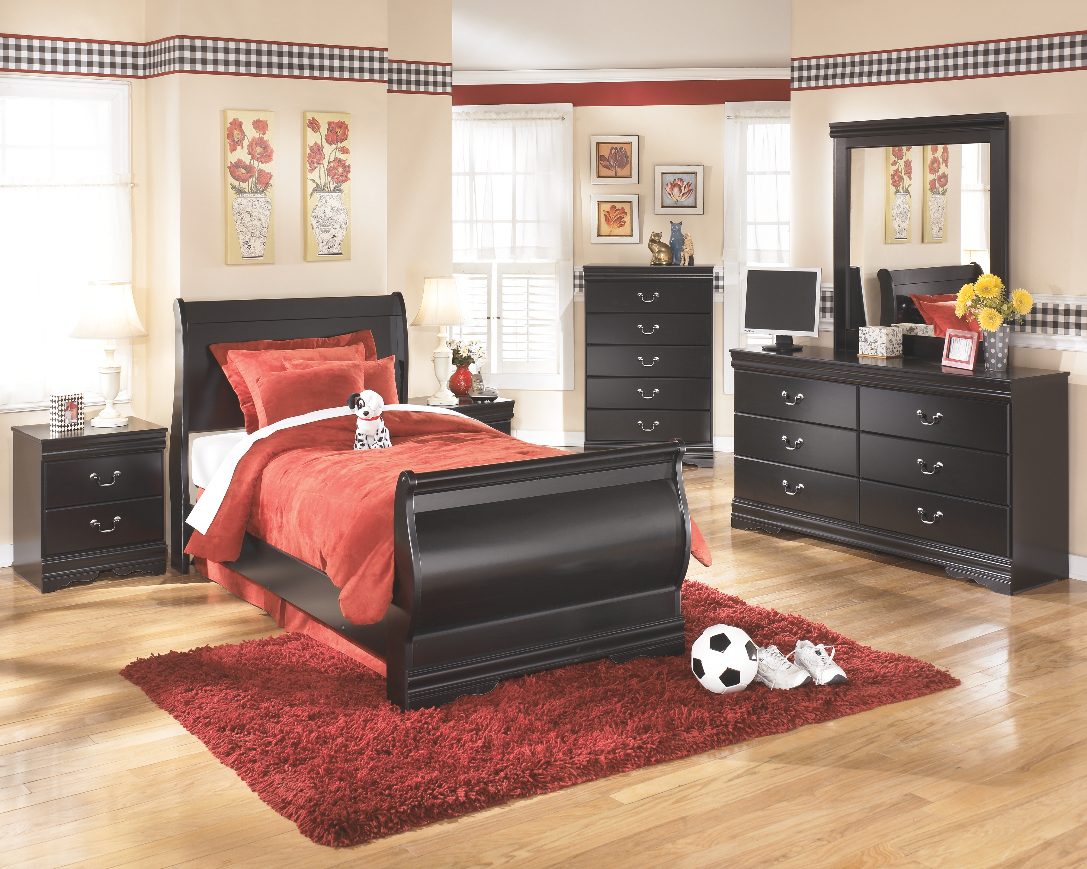Huey Vineyard - 8 Pc. - Dresser, Mirror, Chest, Twin Sleigh Bed, 2 Nightstands - Black