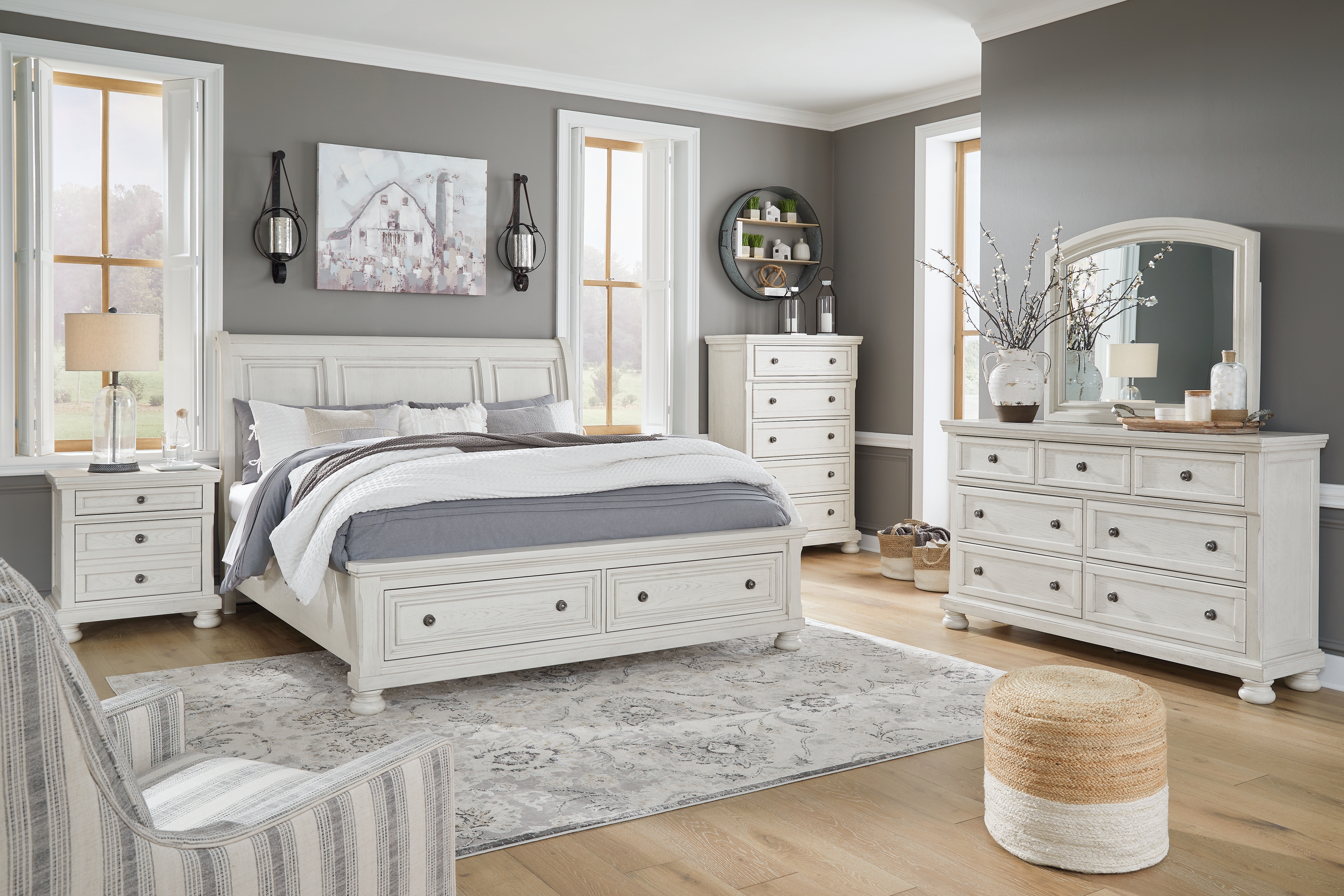 Robbinsdale - 7 Pc. - Dresser, Mirror, California King Sleigh Bed With 2 Storage Drawers, 2 Nightstands - Antique White