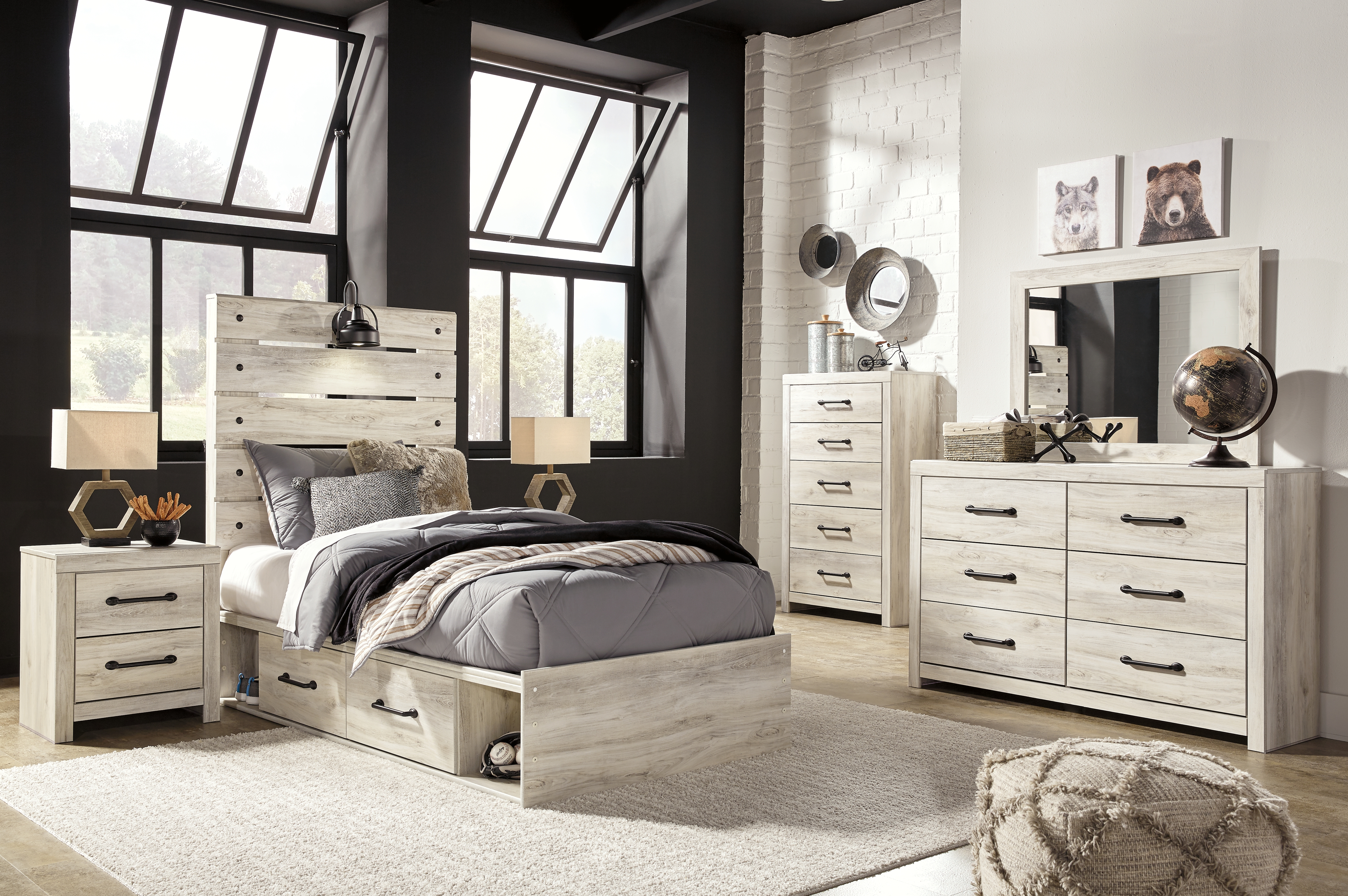 Cambeck - 7 Pc. - Dresser, Mirror, Chest, Twin Panel Bed with Side Storage Drawers - Whitewash