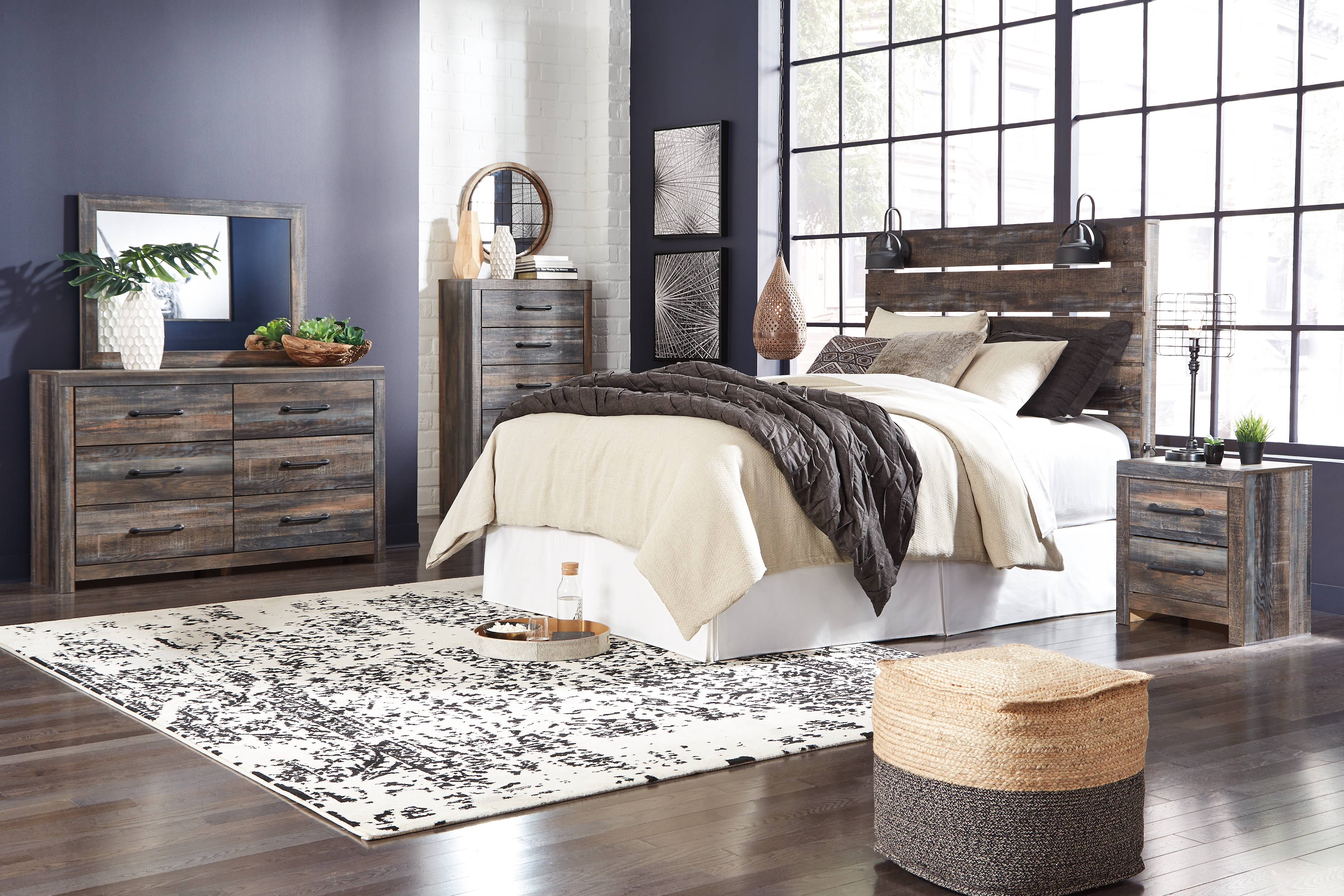 Drystan - 6 Pc. - Dresser, Mirror, Chest, Queen Panel Headboard, Nightstand, Bed Frame - Dark Gray