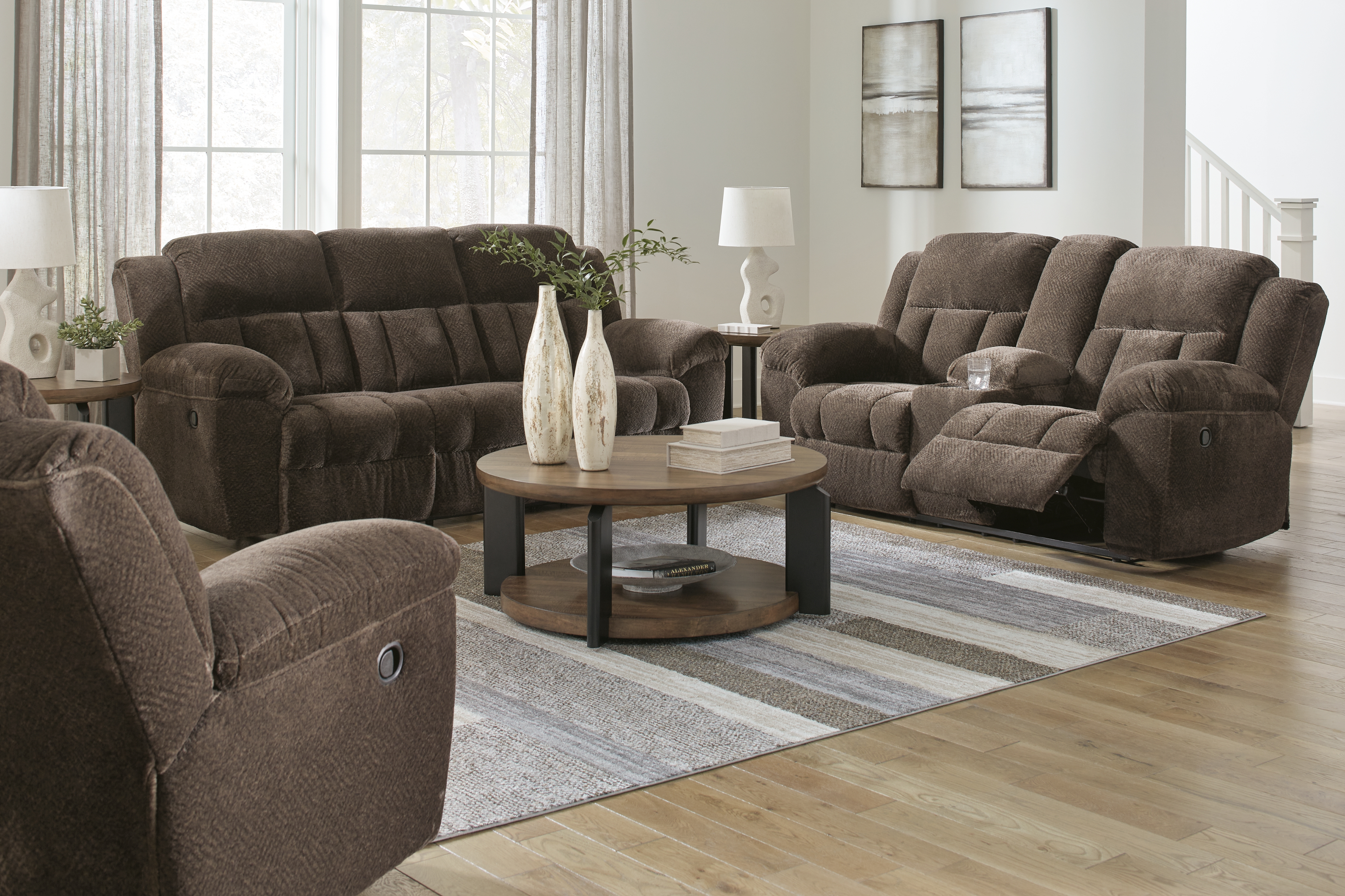 Frohn - 3 Pc. - Reclining Sofa, Reclining Loveseat With Console, Rocker Recliner - Chocolate