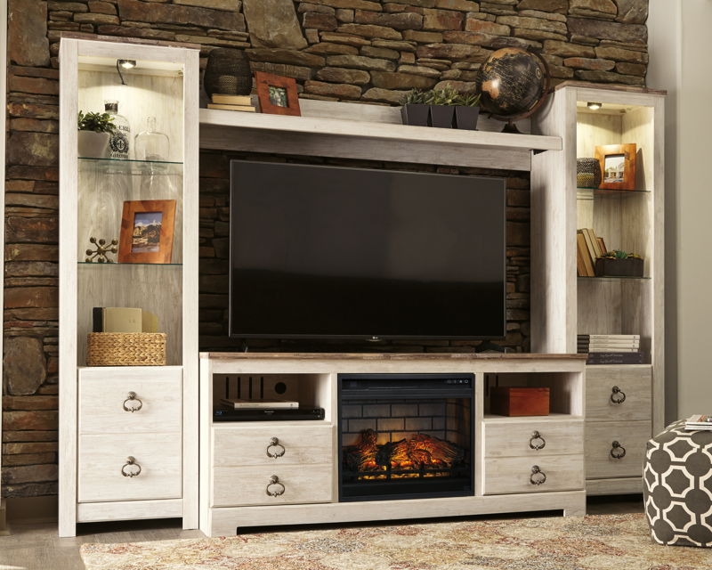Willowton - Entertainment Center - TV Stand With Faux Firebrick Fireplace Insert - Whitewash