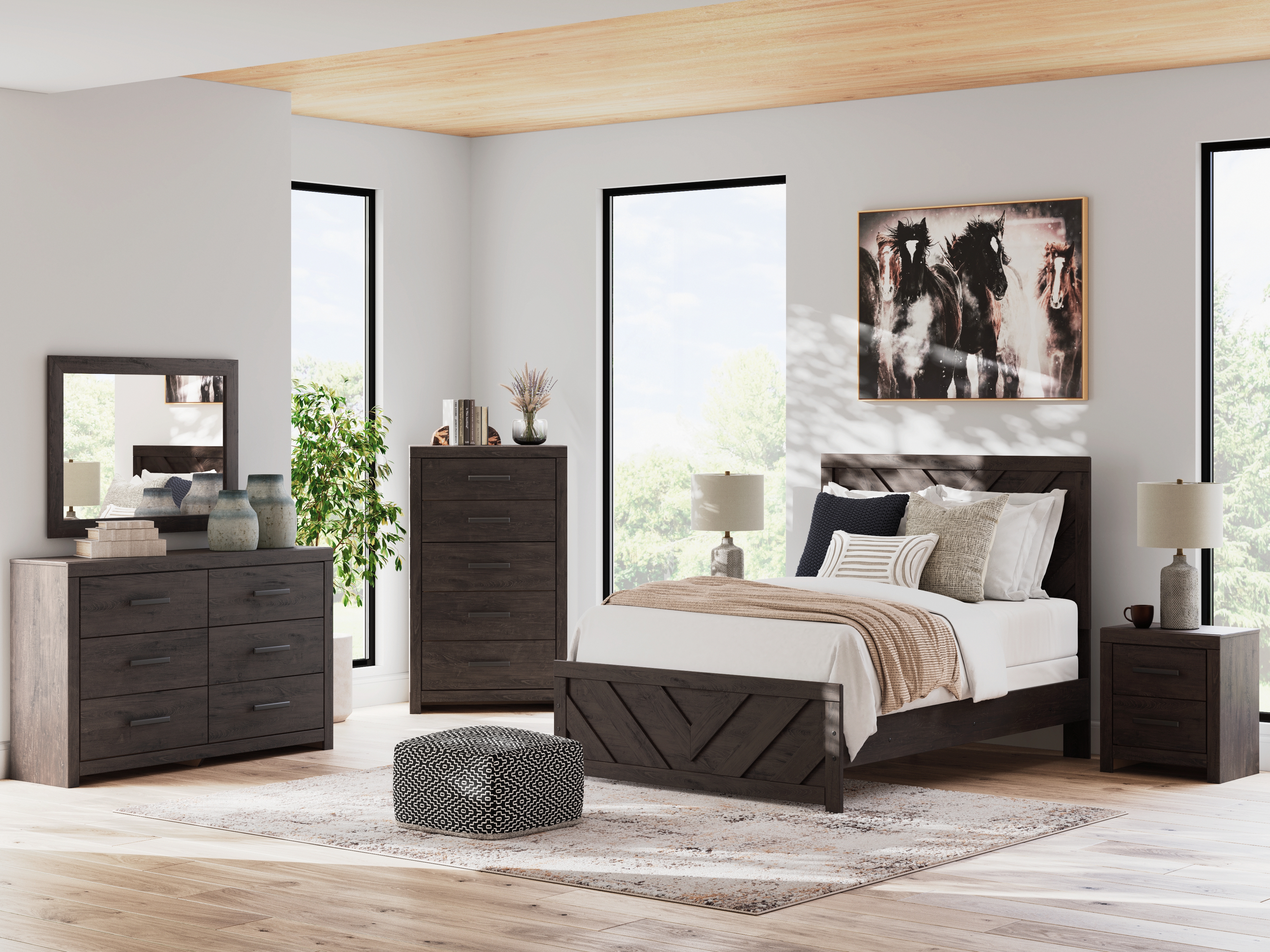 Prendonea - 7 Pc. - Dresser, Mirror, Chest, Full Panel Bed, 2 Nightstands - Charcoal