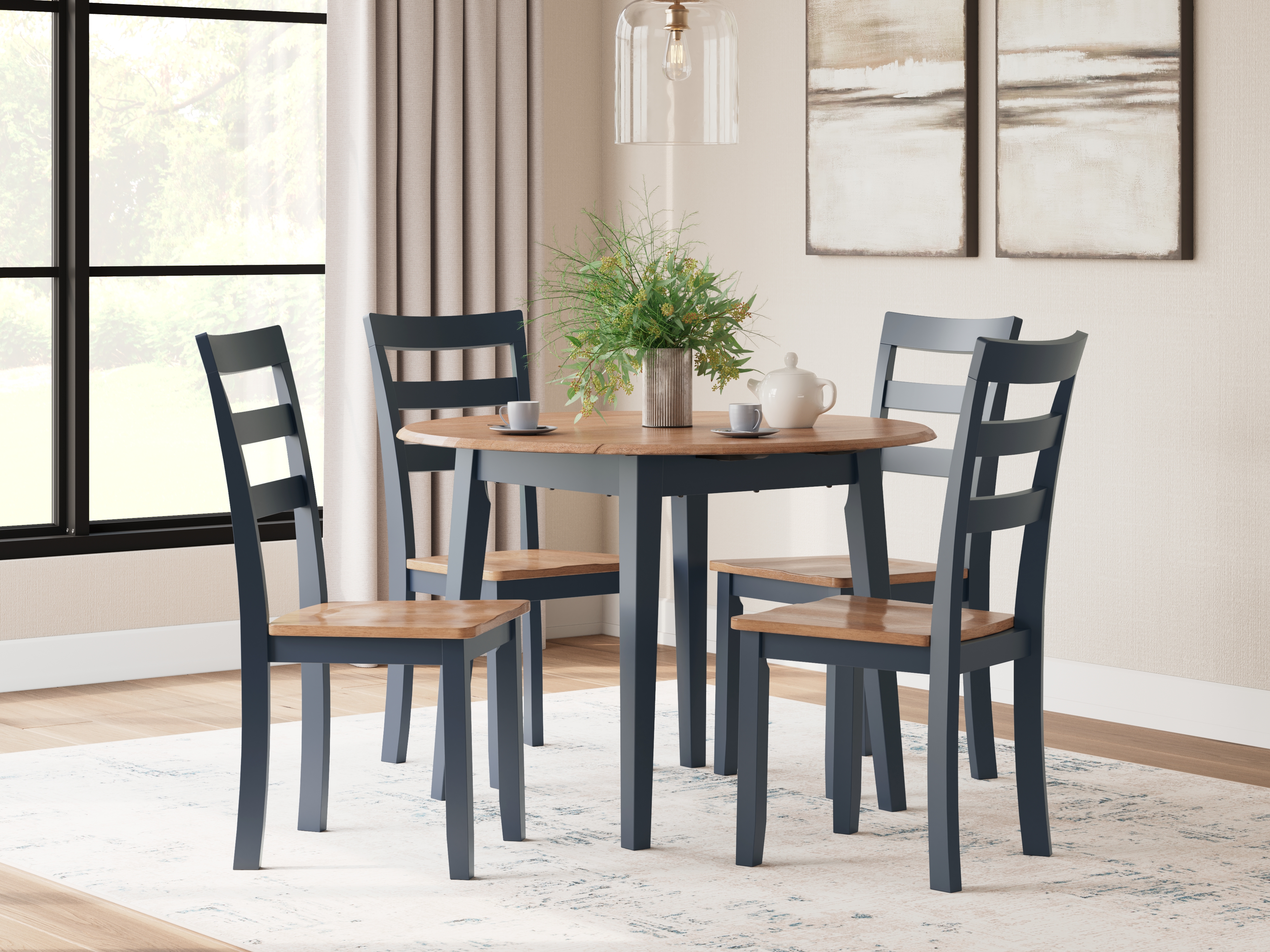 Gesthaven - 5 Pc. - Round Dining Room Drop Leaf Table, 4 Side Chairs - Natural / Blue