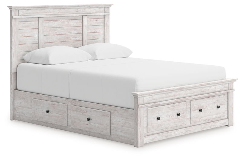 Makidern - Queen Panel Storage Bed With 2 Under Bed Storage Units And Storage Footboard - Whitewash