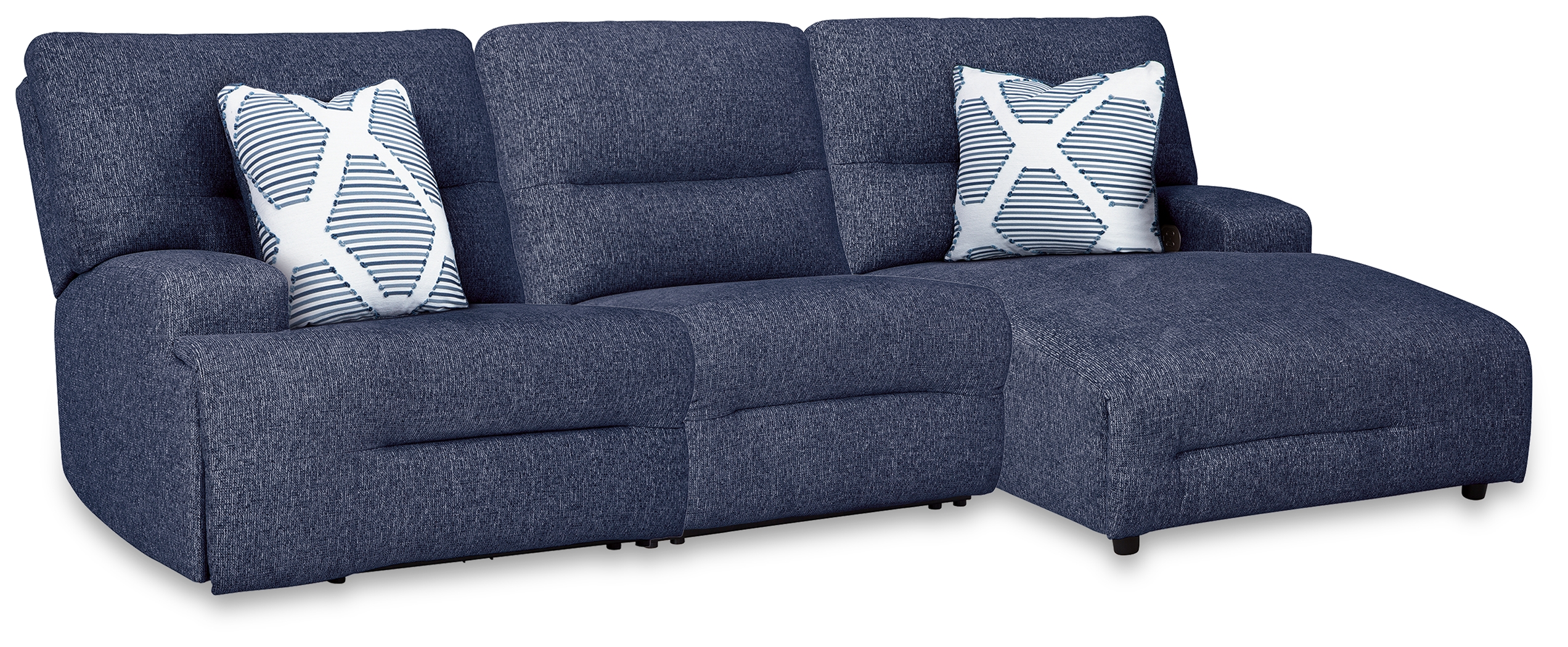 Acklen Place - 3-Piece Power Reclining Sectional With RAF Power Reclining Back Chaise And Power Armless Recliner - Navy