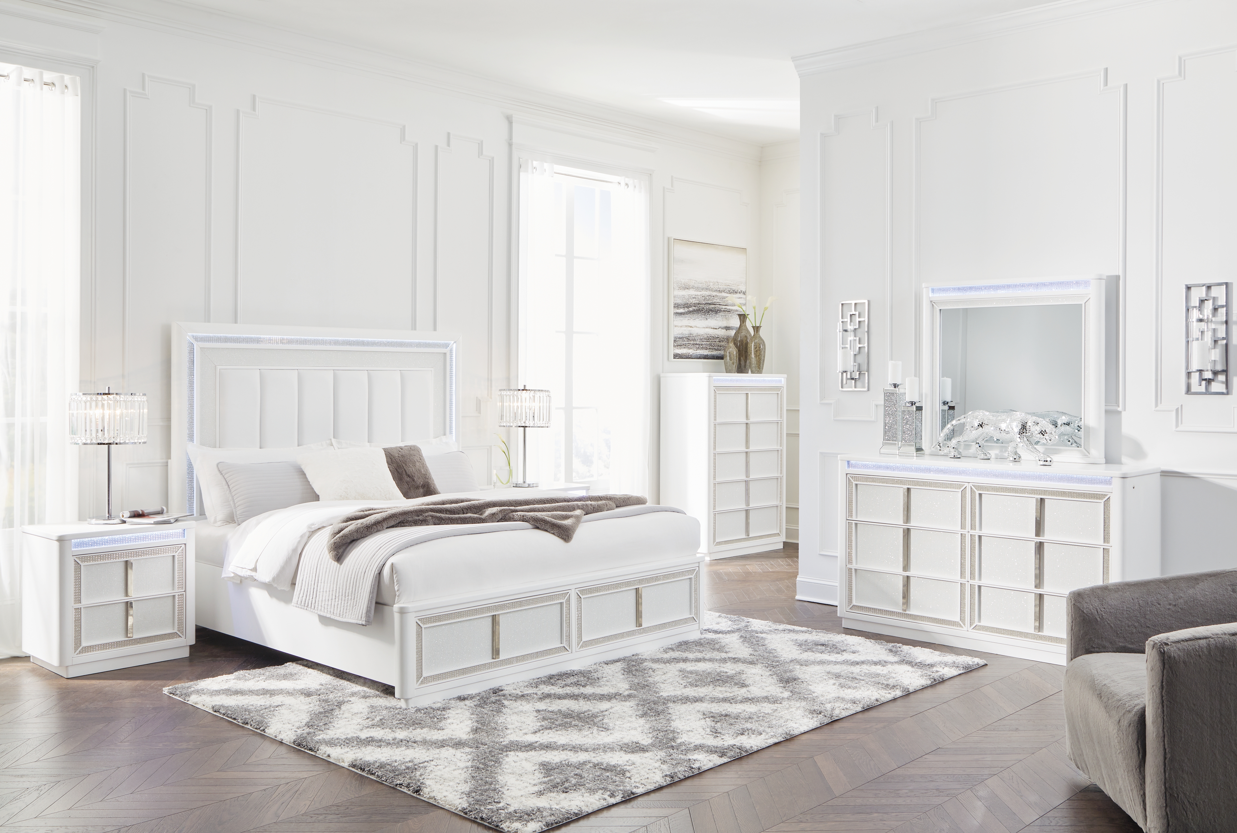 Chalanna - 6 Pc. - Dresser, Mirror, Chest, King Upholstered Storage Bed - White