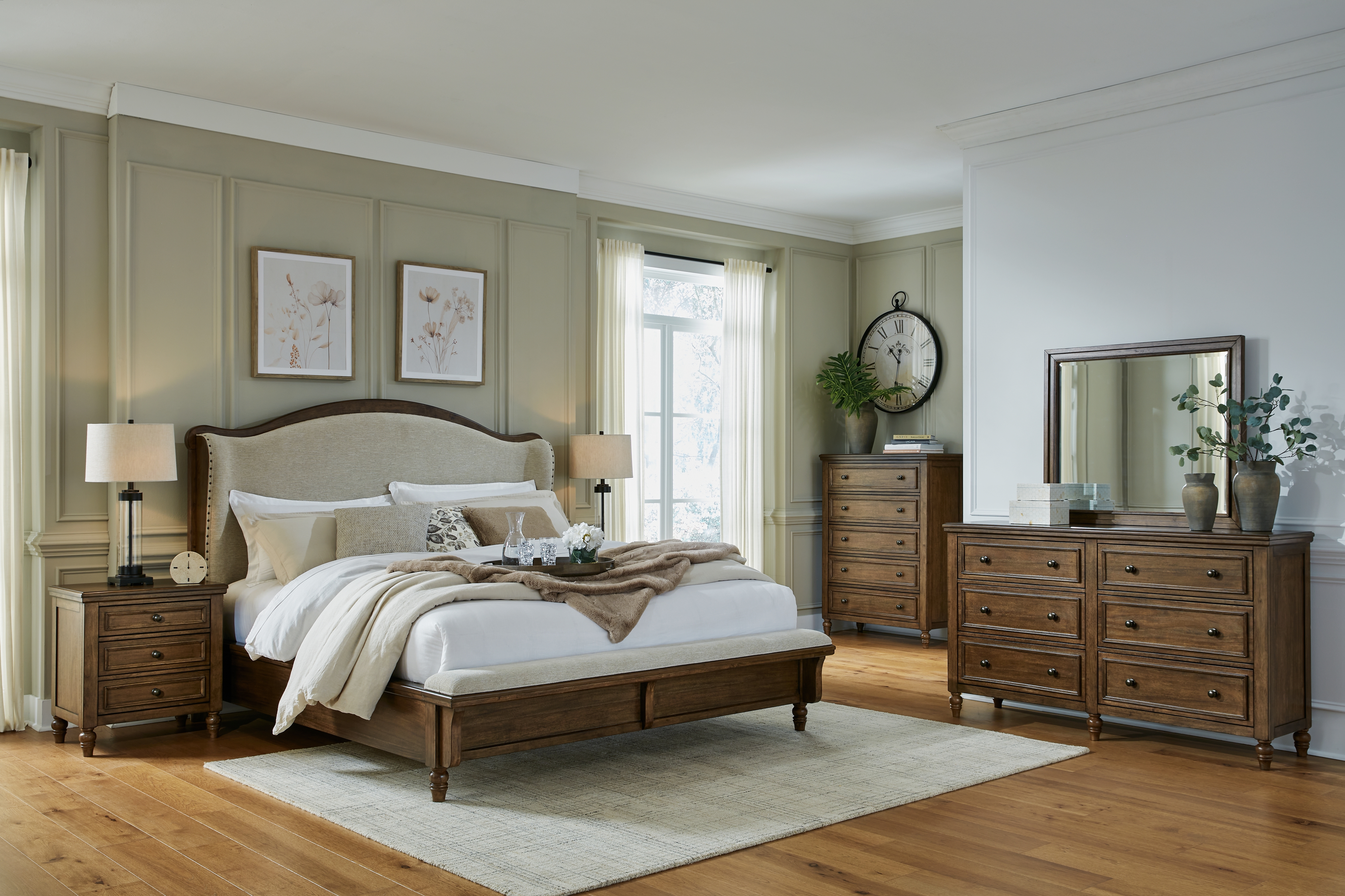Sturlayne - 6 Pc. - Dresser, Mirror, Chest, King Upholstered Panel Bed - Brown