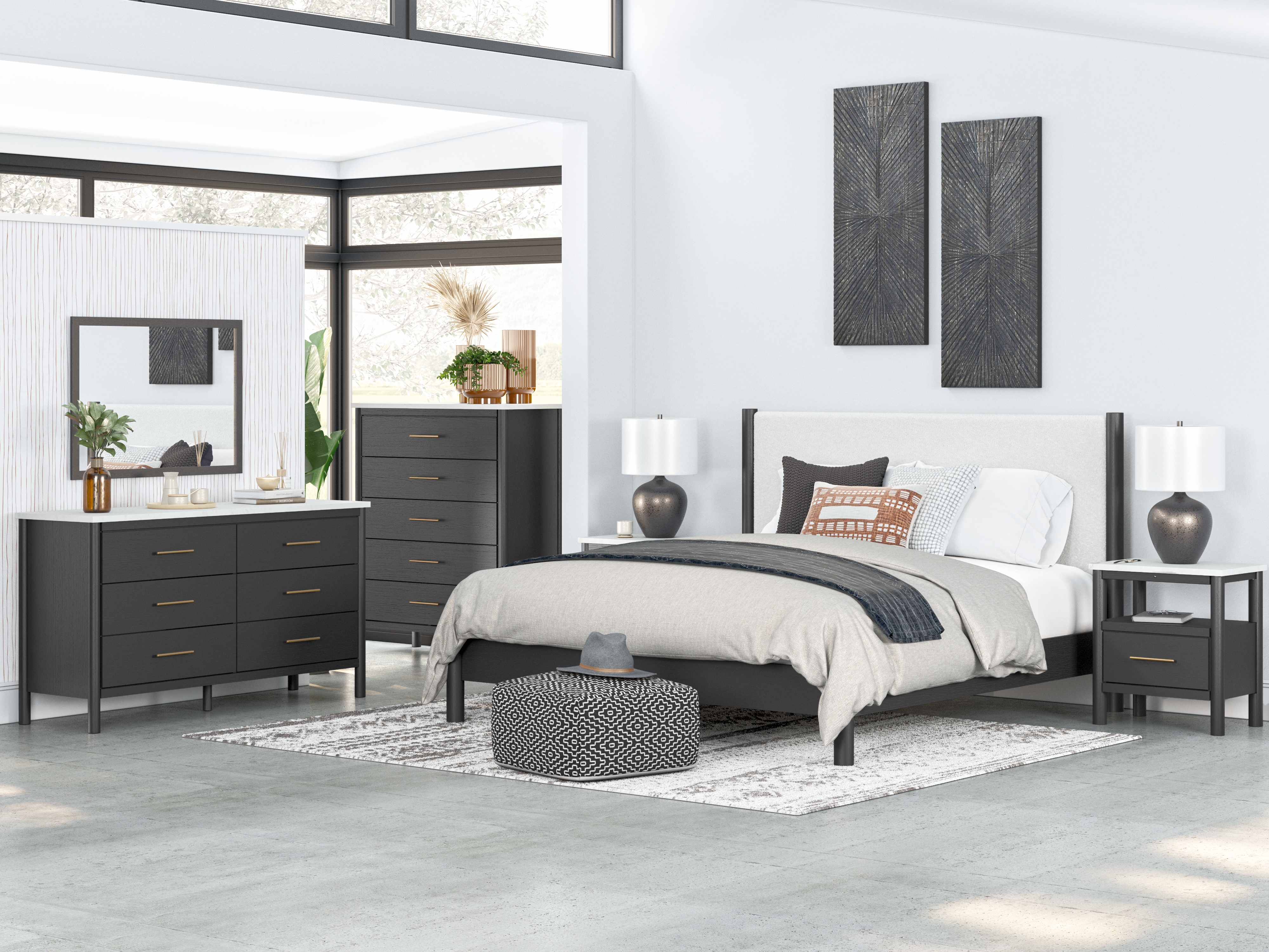 Cadmori - 6 Pc. - Dresser, Mirror, Chest, King Upholstered Panel Bed - Black / White
