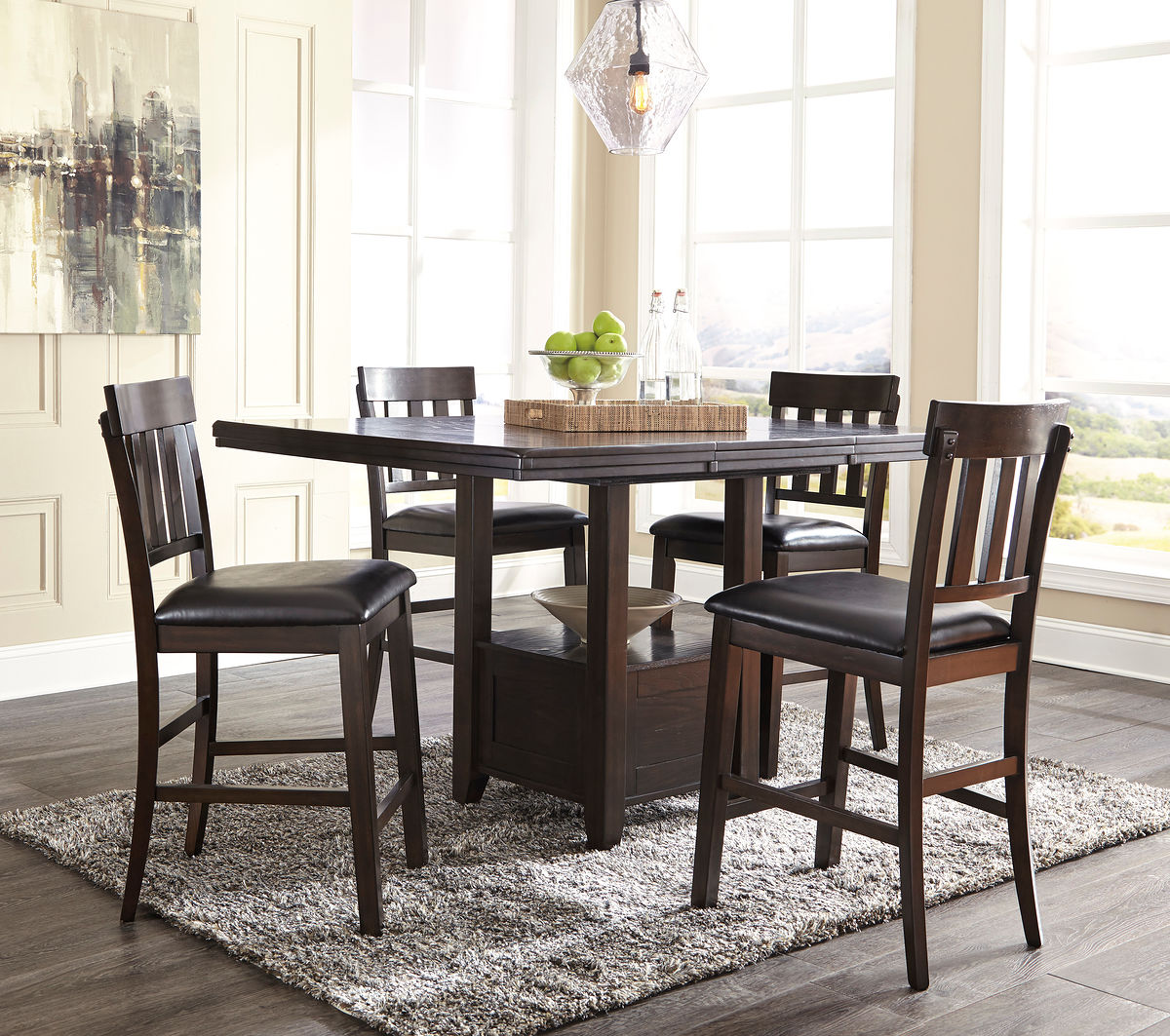 Haddigan - 5 Pc. - Counter Extension Table, 4 Barstools - Dark Brown