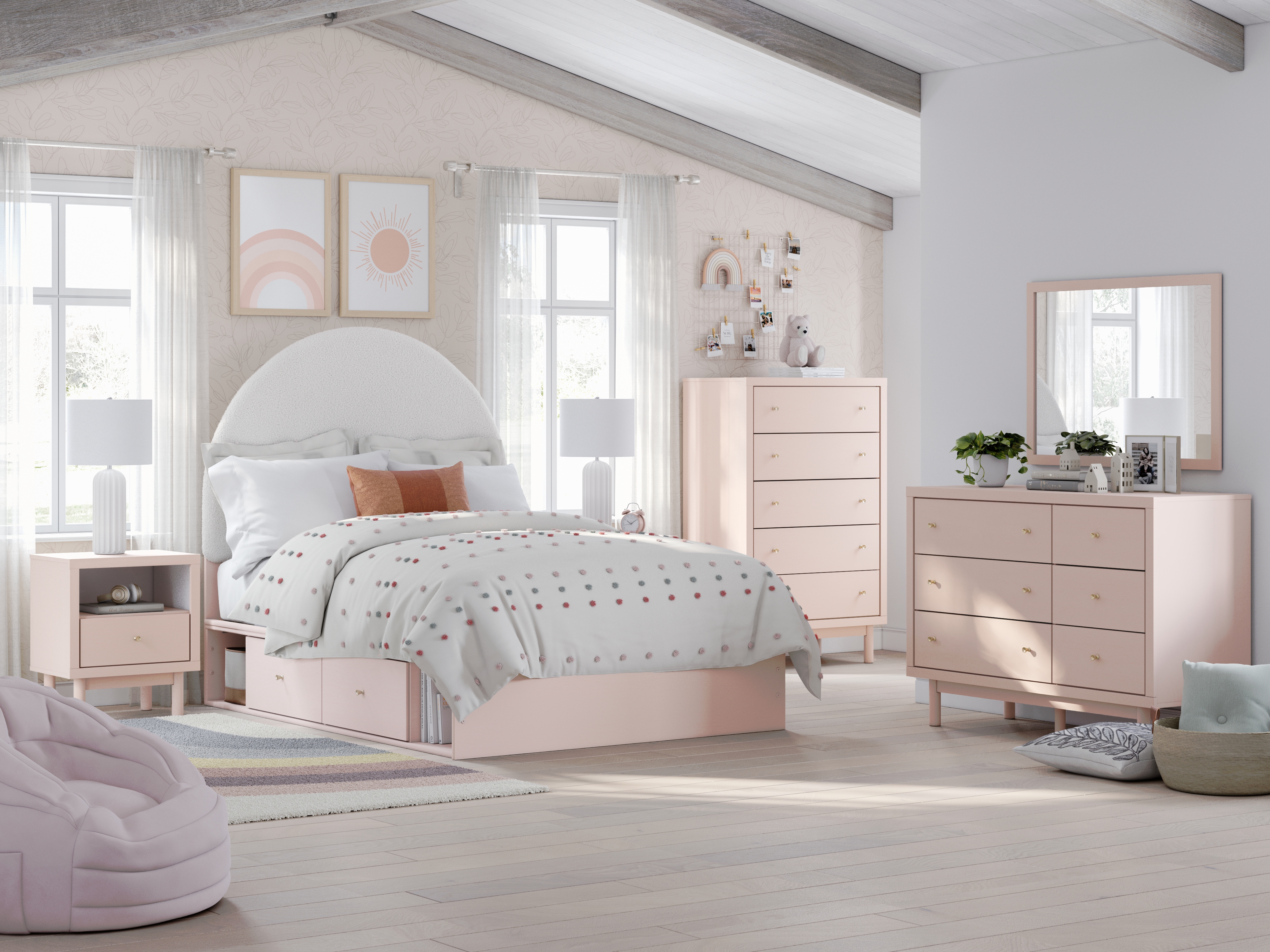 Wistenpine - 9 Pc. - Dresser, Mirror, Full Upholstered Panel Bed With Under Bed Storage, 2 Nightstands - Blush