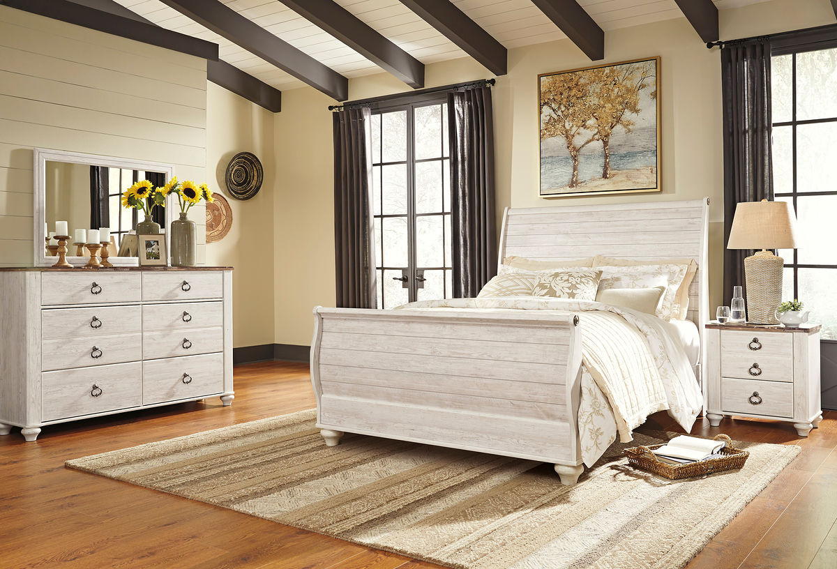 Willowton - 6 Pc. - Dresser, Mirror, Queen Sleigh Bed, Nightstand - Whitewash