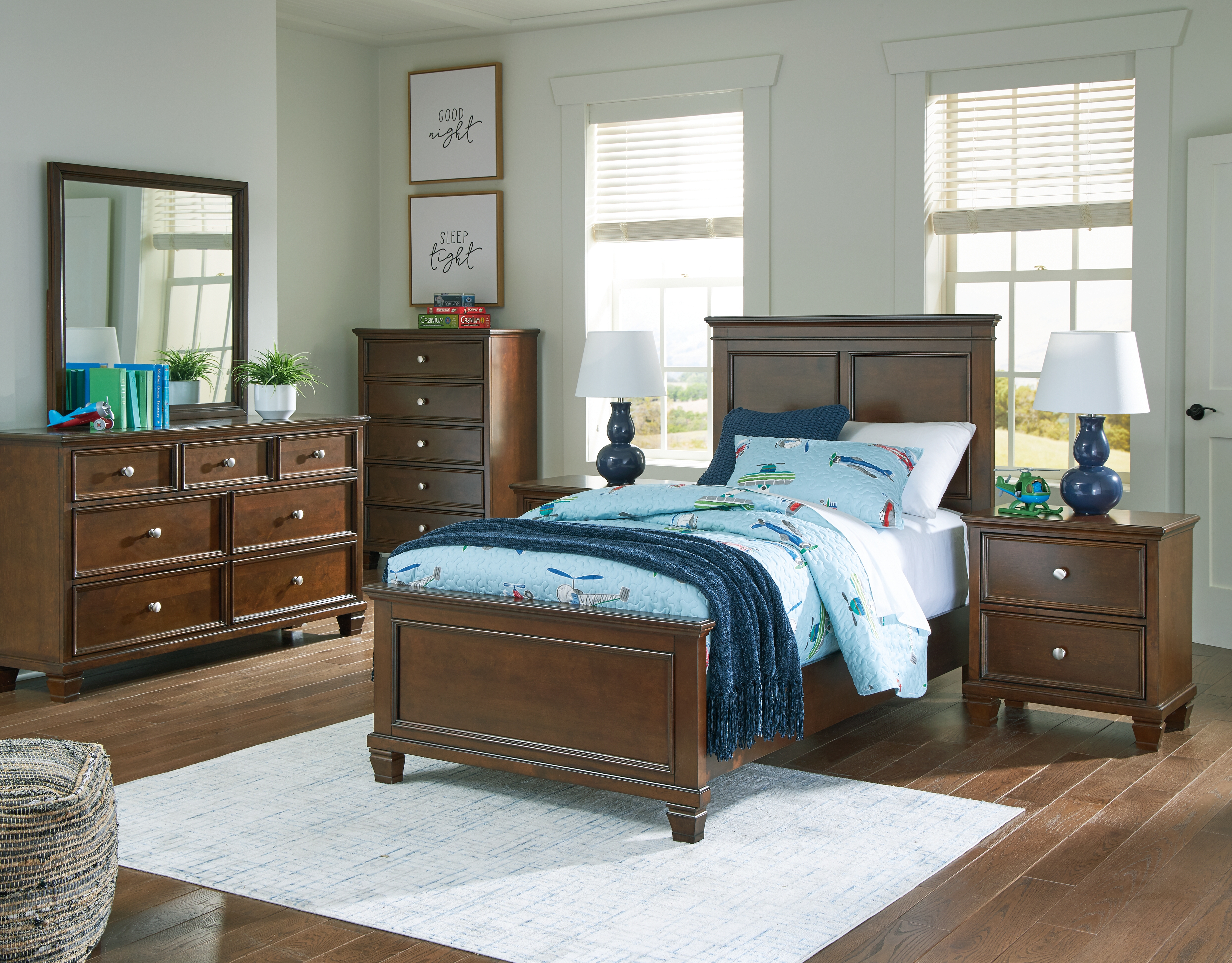 Danabrin - 6 Pc. - Dresser, Mirror, Chest, Twin Panel Bed - Brown