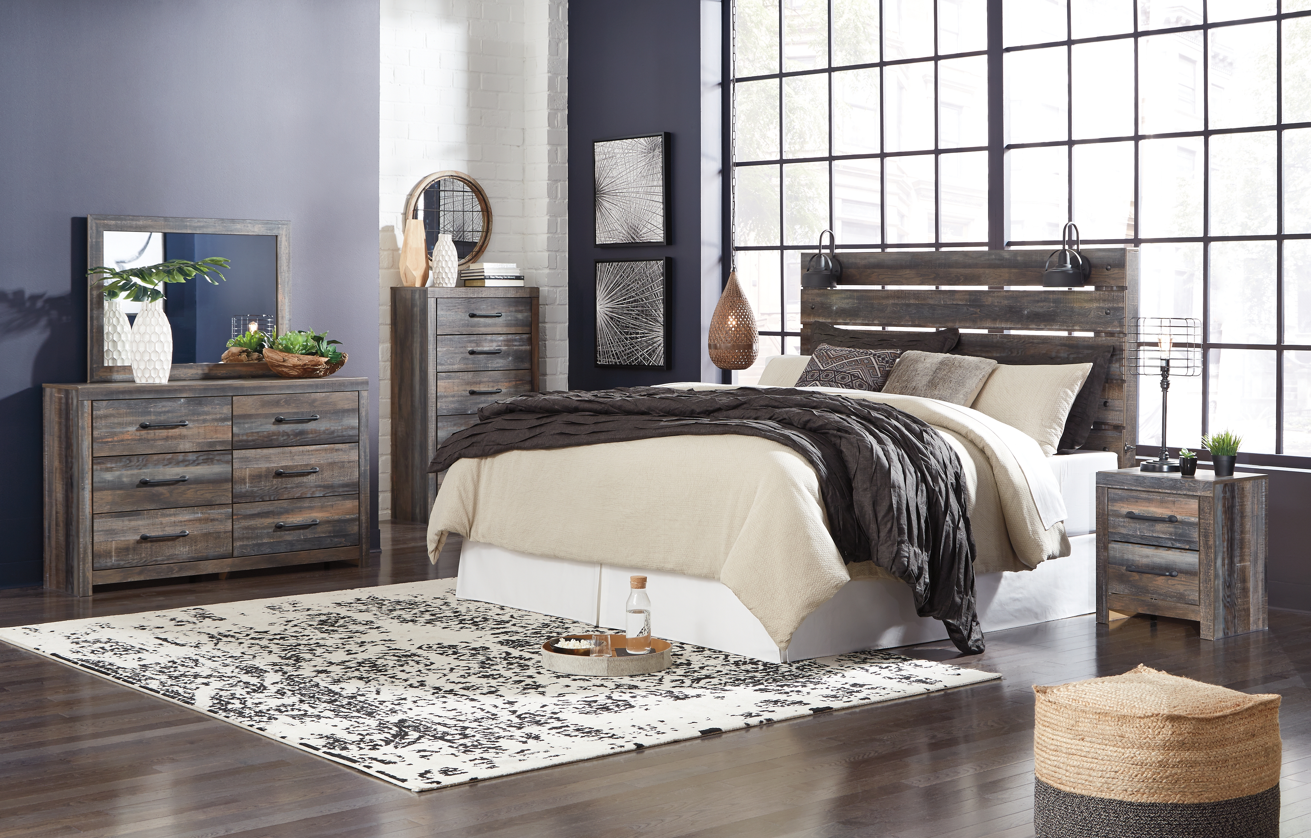 Drystan - 6 Pc. - Dresser, Mirror, Chest, King Panel Headboard, Nightstand, Bed Frame - Dark Gray