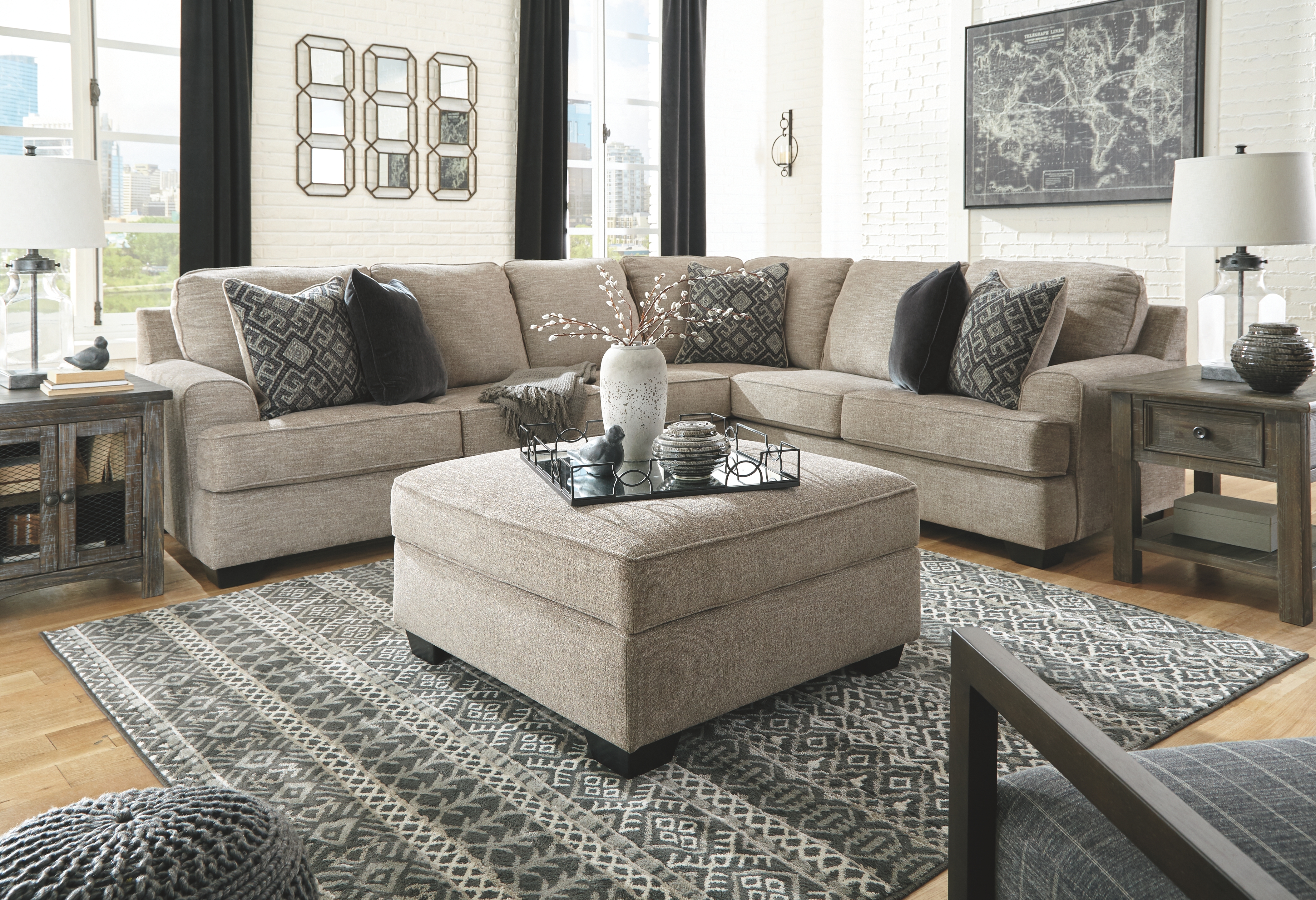 Bovarian - 4 Pc. - Left Arm Facing Loveseat 3 Pc Sectional, Ottoman - Stone