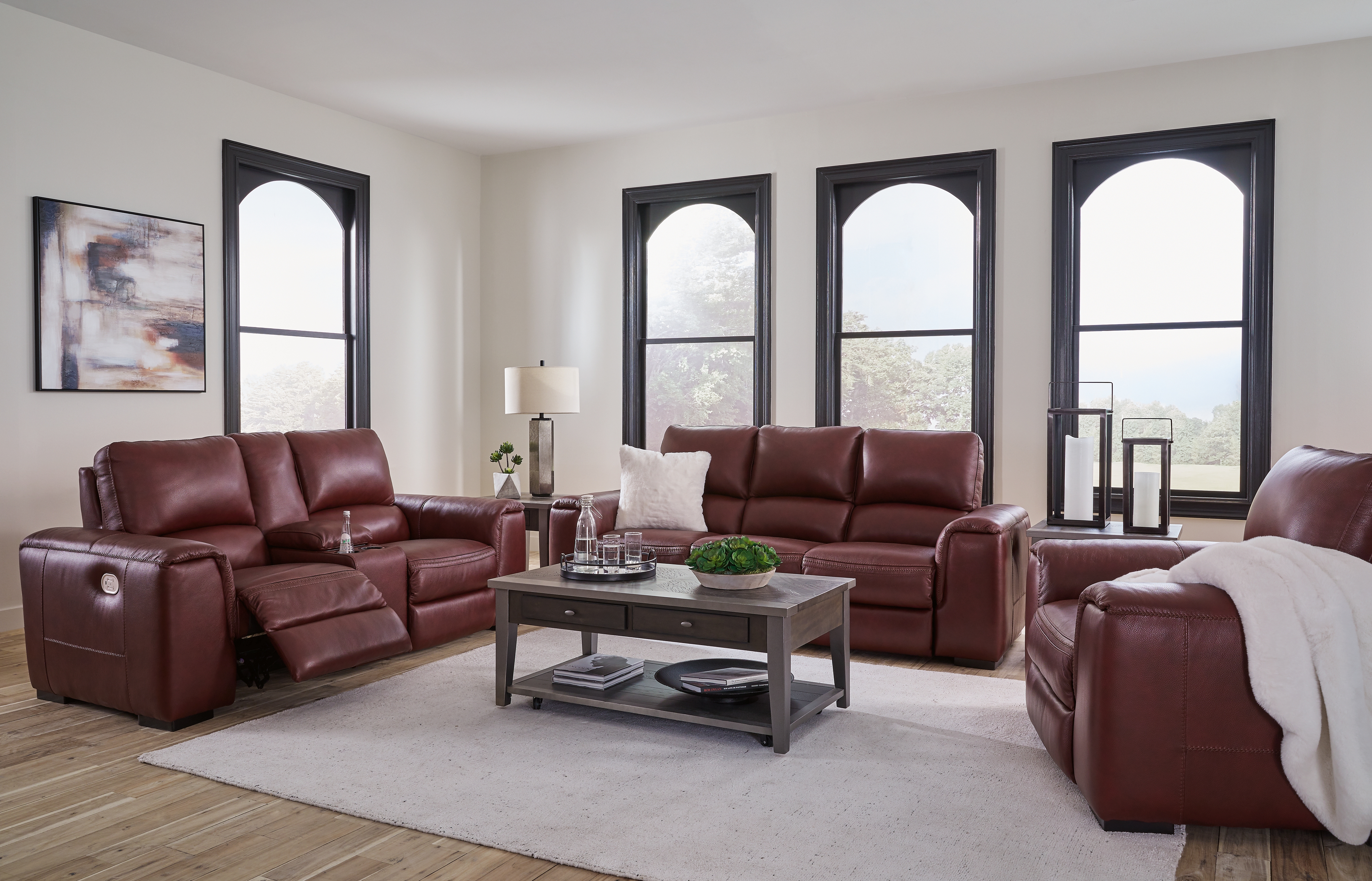 Alessandro - 3 Pc. - Power Reclining Sofa, Loveseat, Recliner - Garnet
