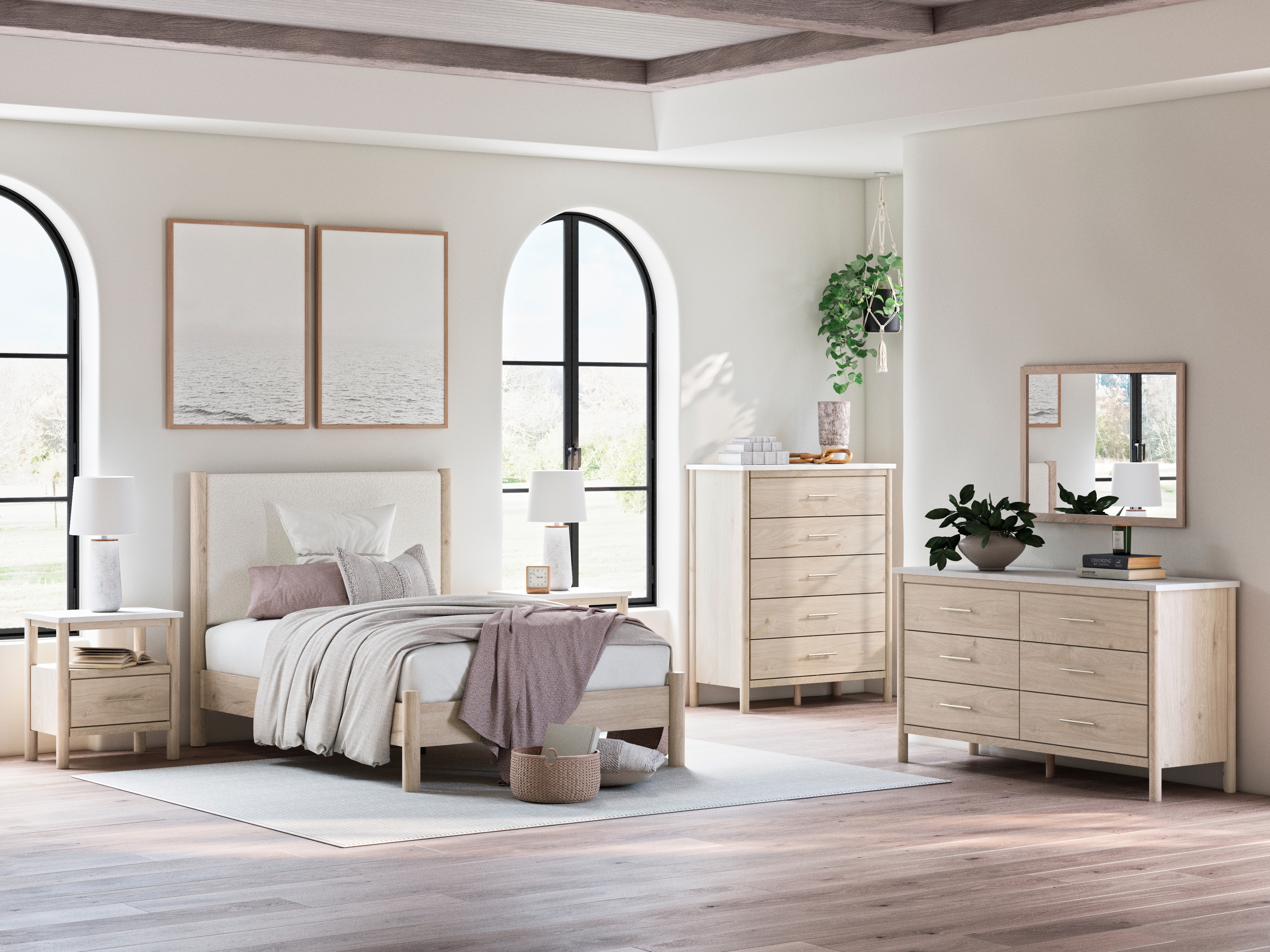Cadmori - 5 Pc. - Dresser, Mirror, Full Upholstered Panel Bed - Two-tone