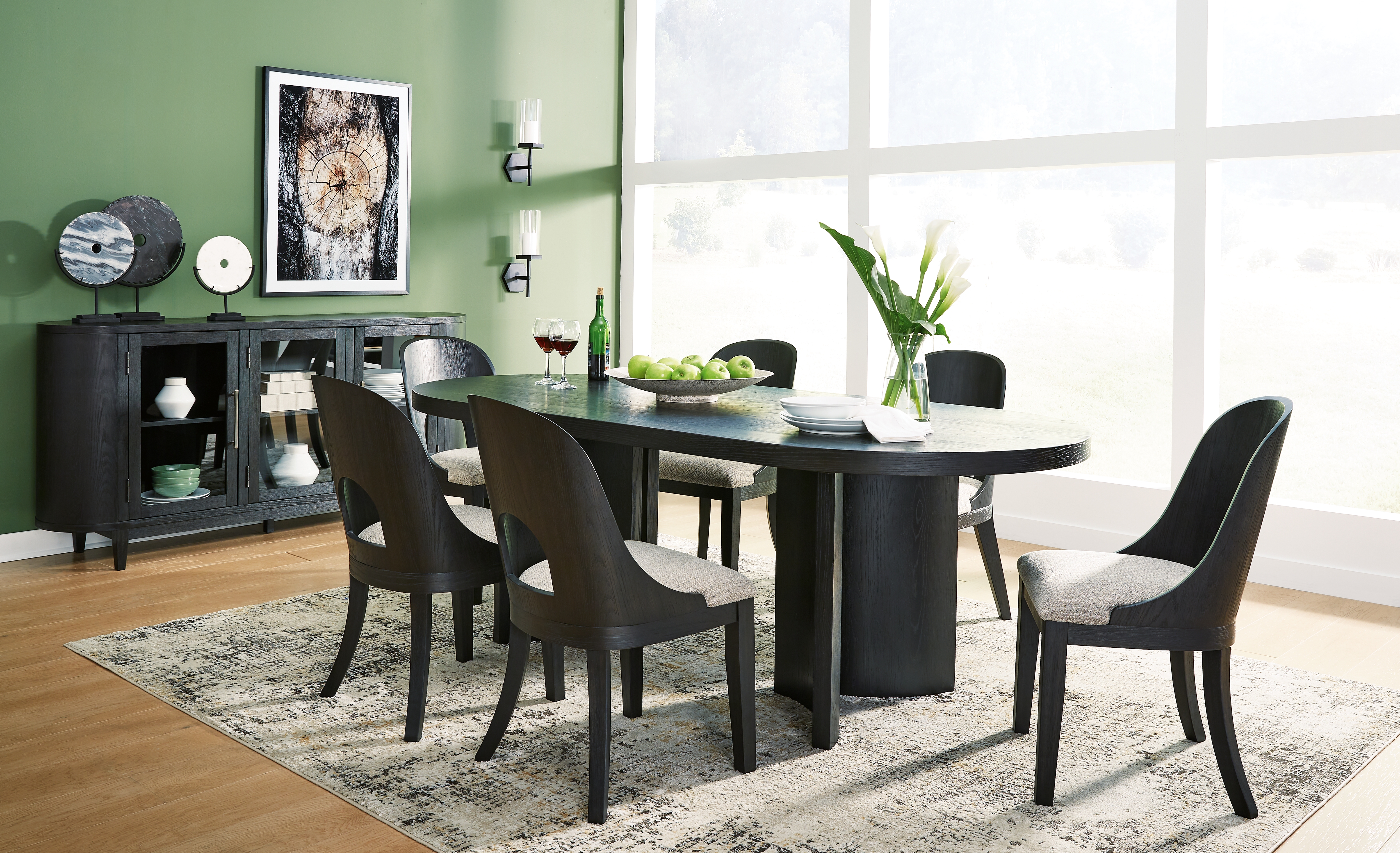 Rowanbeck - 8 Pc. - Dining Table, 6 Side Chairs, Server - Black