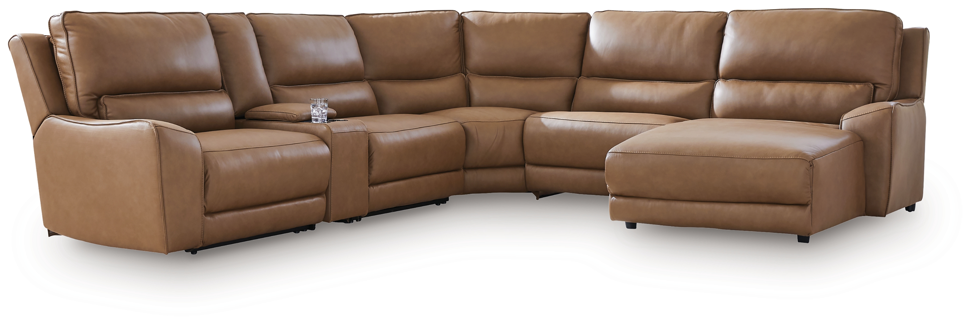 DeepWakes - 6-Piece Power Reclining Sectional With RAF Press Back Power Chaise And Storage Console - Caramel