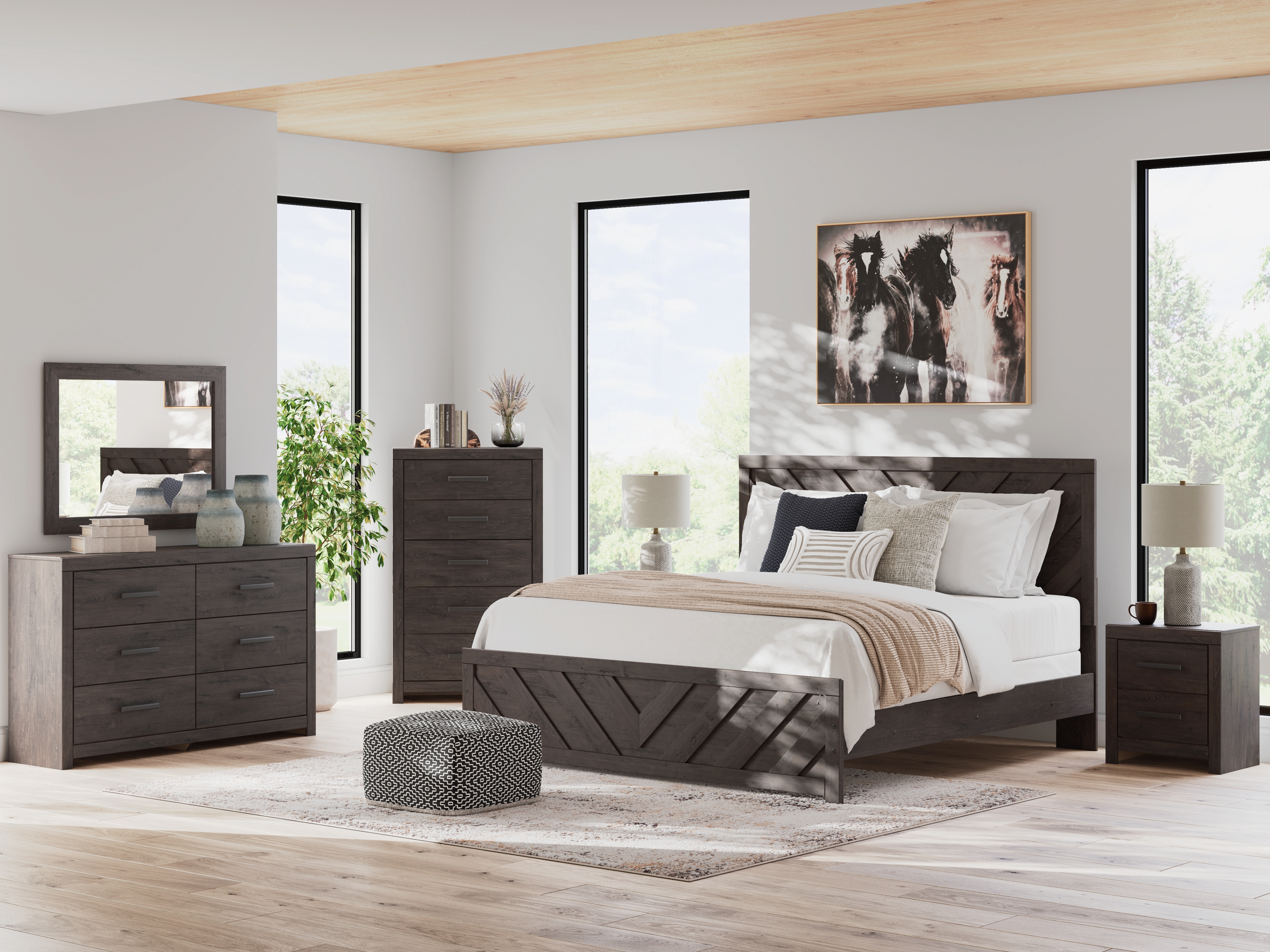 Prendonea - 6 Pc. - Dresser, Mirror, King Panel Bed, 2 Nightstands - Charcoal