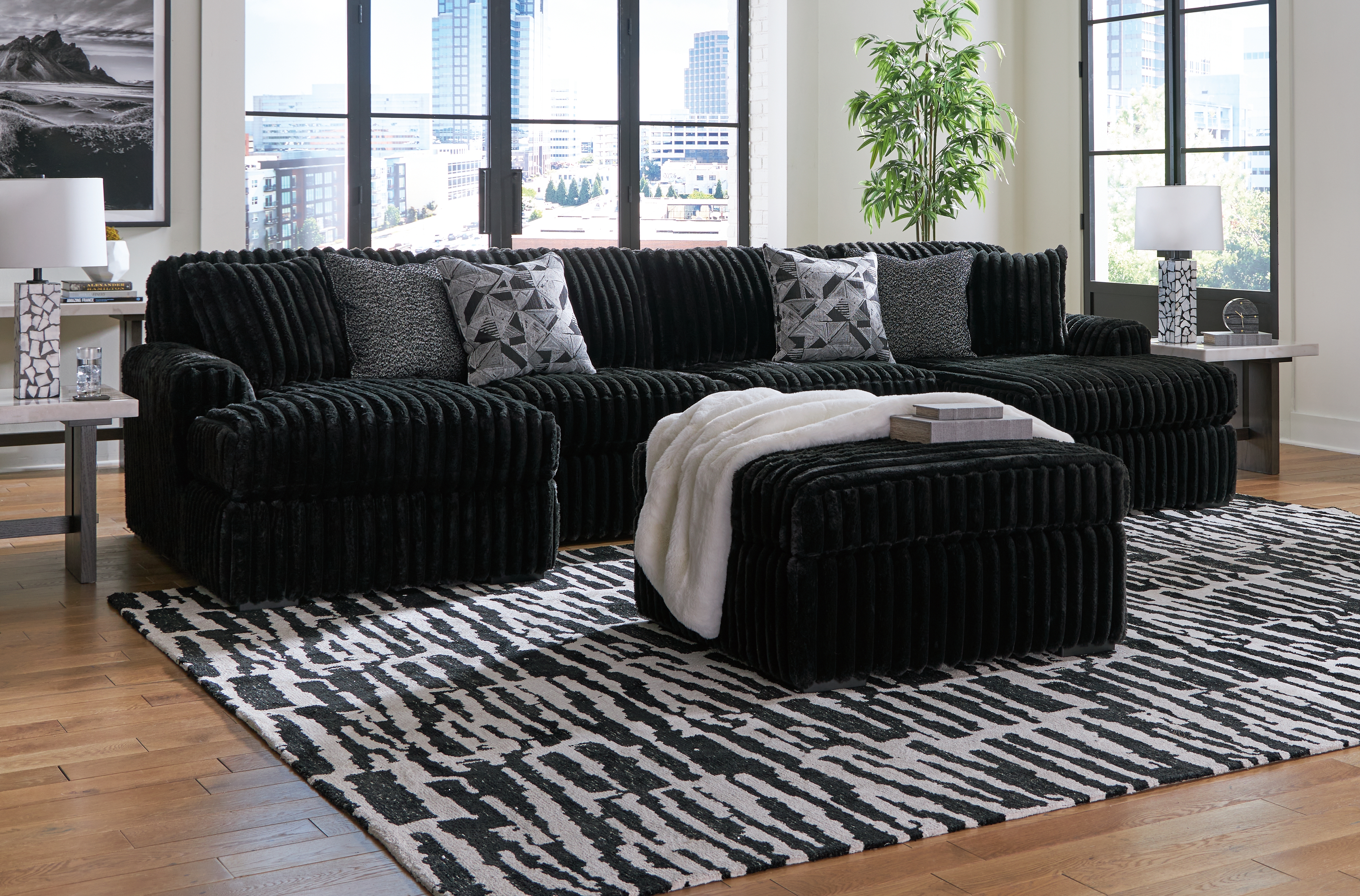 Midnight-Madness - 4 Pc. - 3-Piece Sectional With Laf And Raf Corner Chaises, Ottoman - Onyx