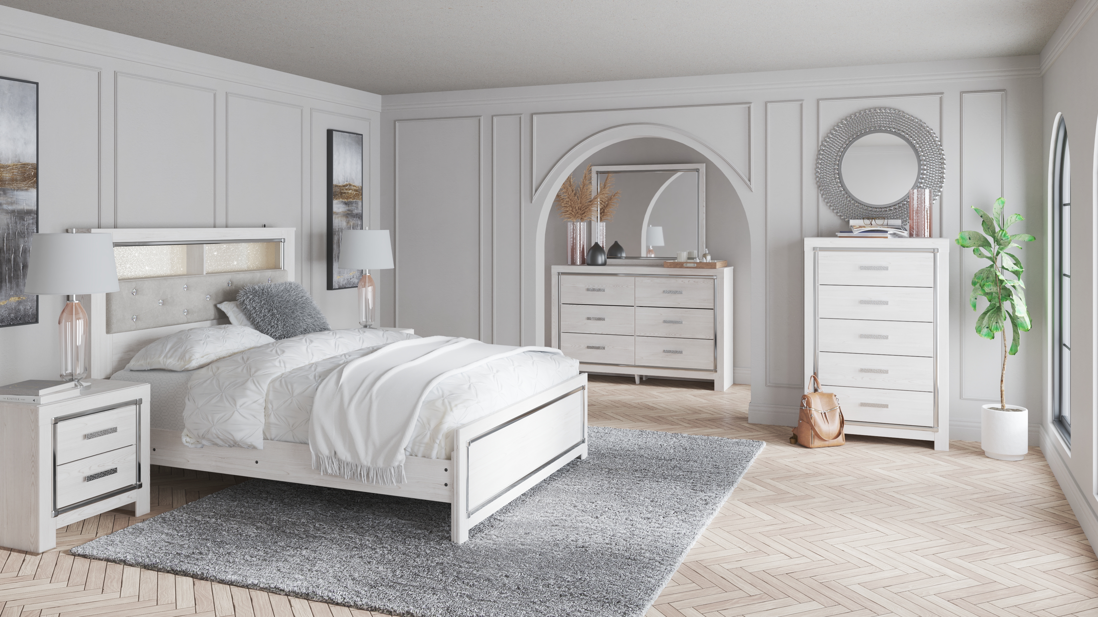 Altyra - 5 Pc. - Dresser, Mirror, Queen Panel Bookcase Bed - White