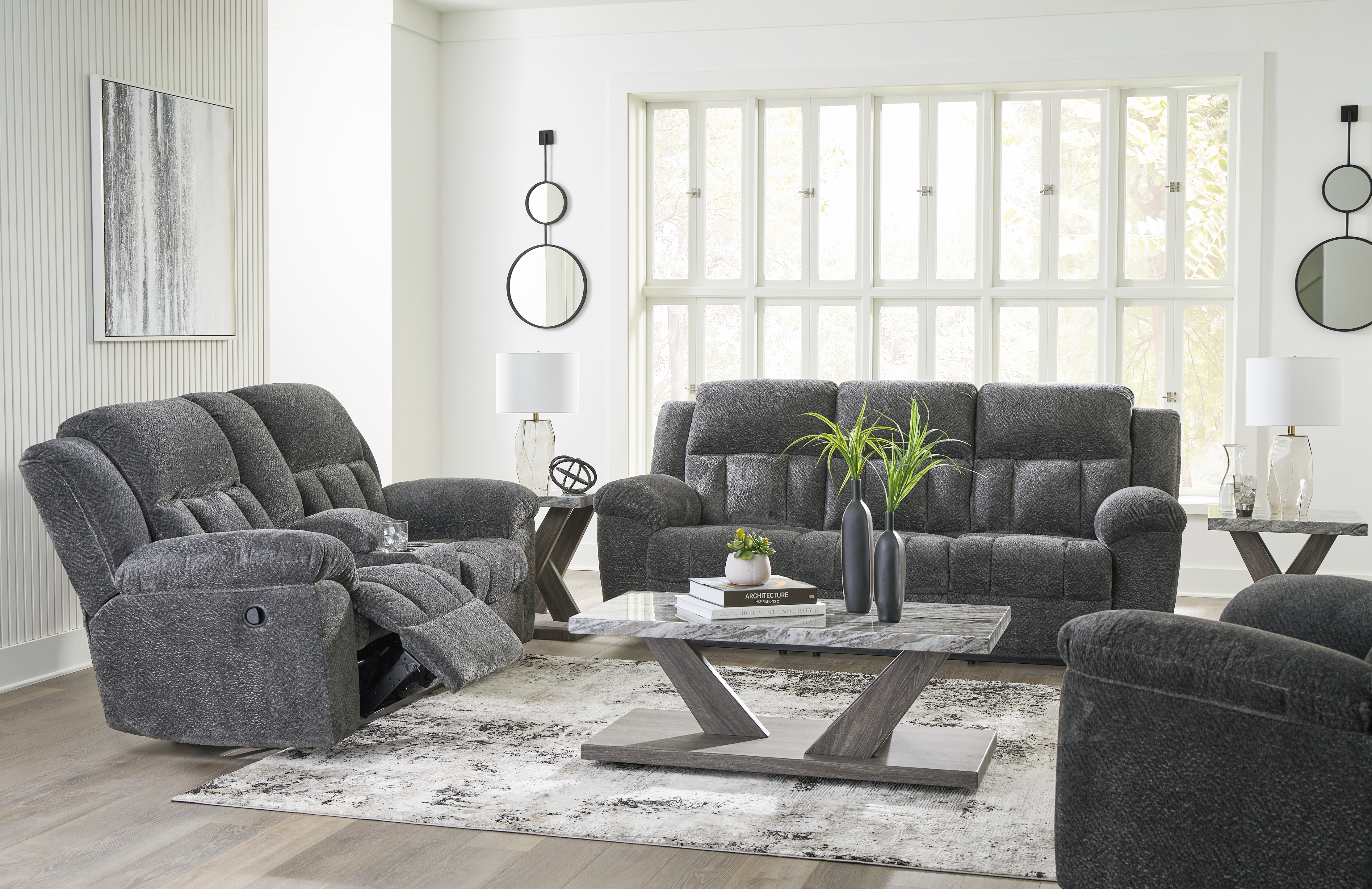 Frohn - 3 Pc. - Reclining Sofa, Reclining Loveseat With Console, Rocker Recliner - Graphite