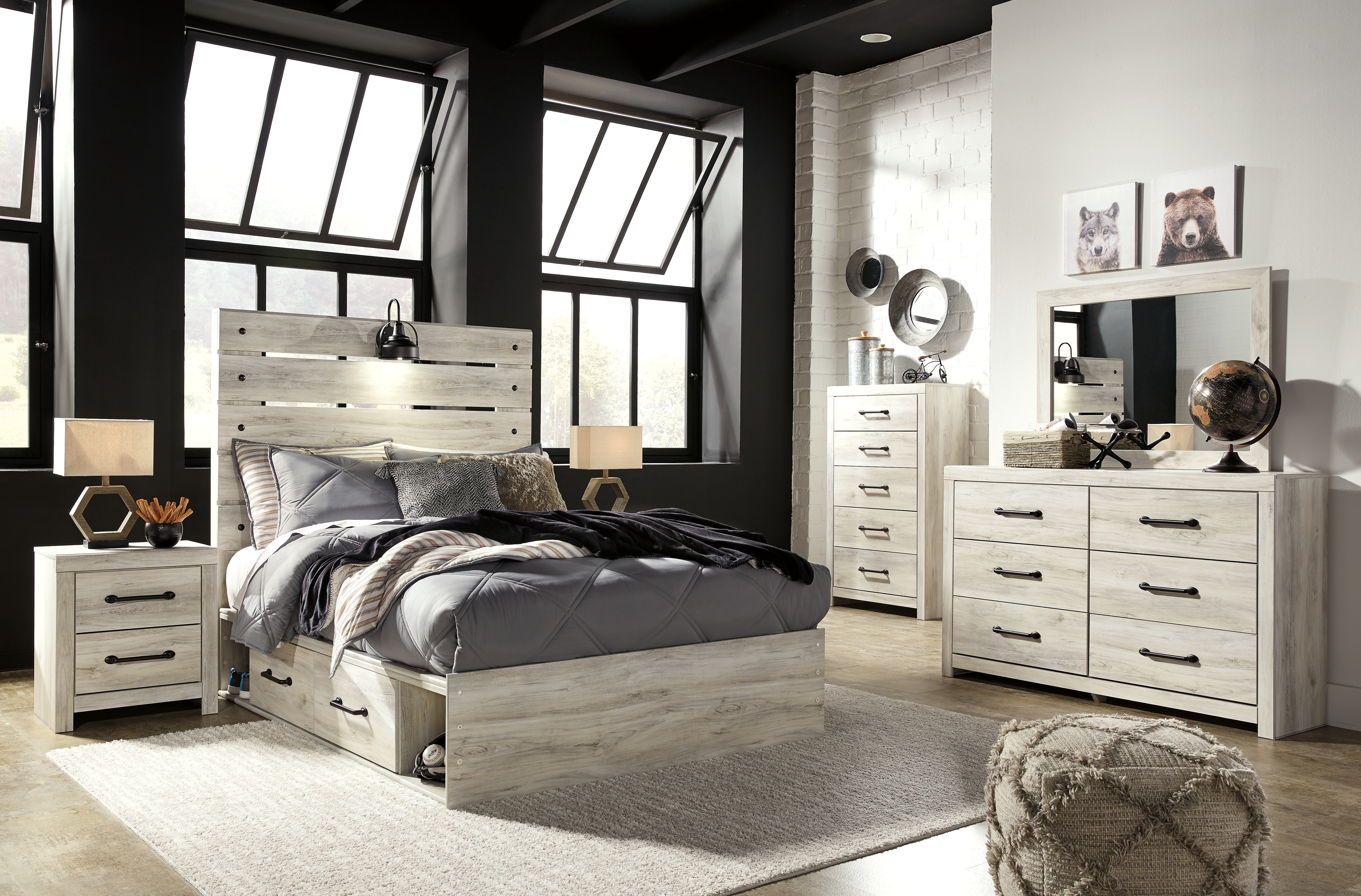 Cambeck - 6 Pc. - Dresser, Mirror, Full Panel Bed with Side Storage Drawers - Whitewash