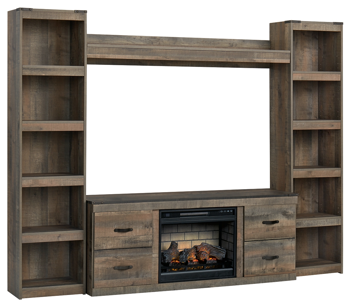 Trinell - 4-Piece Entertainment Center With 60" TV Stand And Faux Firebrick Fireplace Insert - Brown