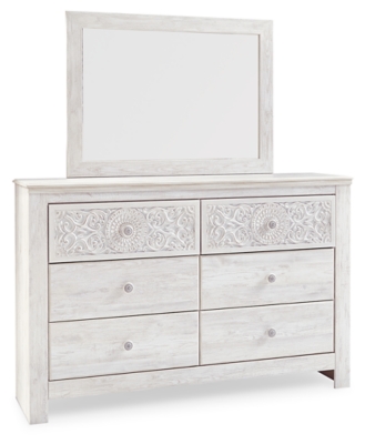 Paxberry - Dresser, Mirror - Medallion Drawer Pulls - Whitewash