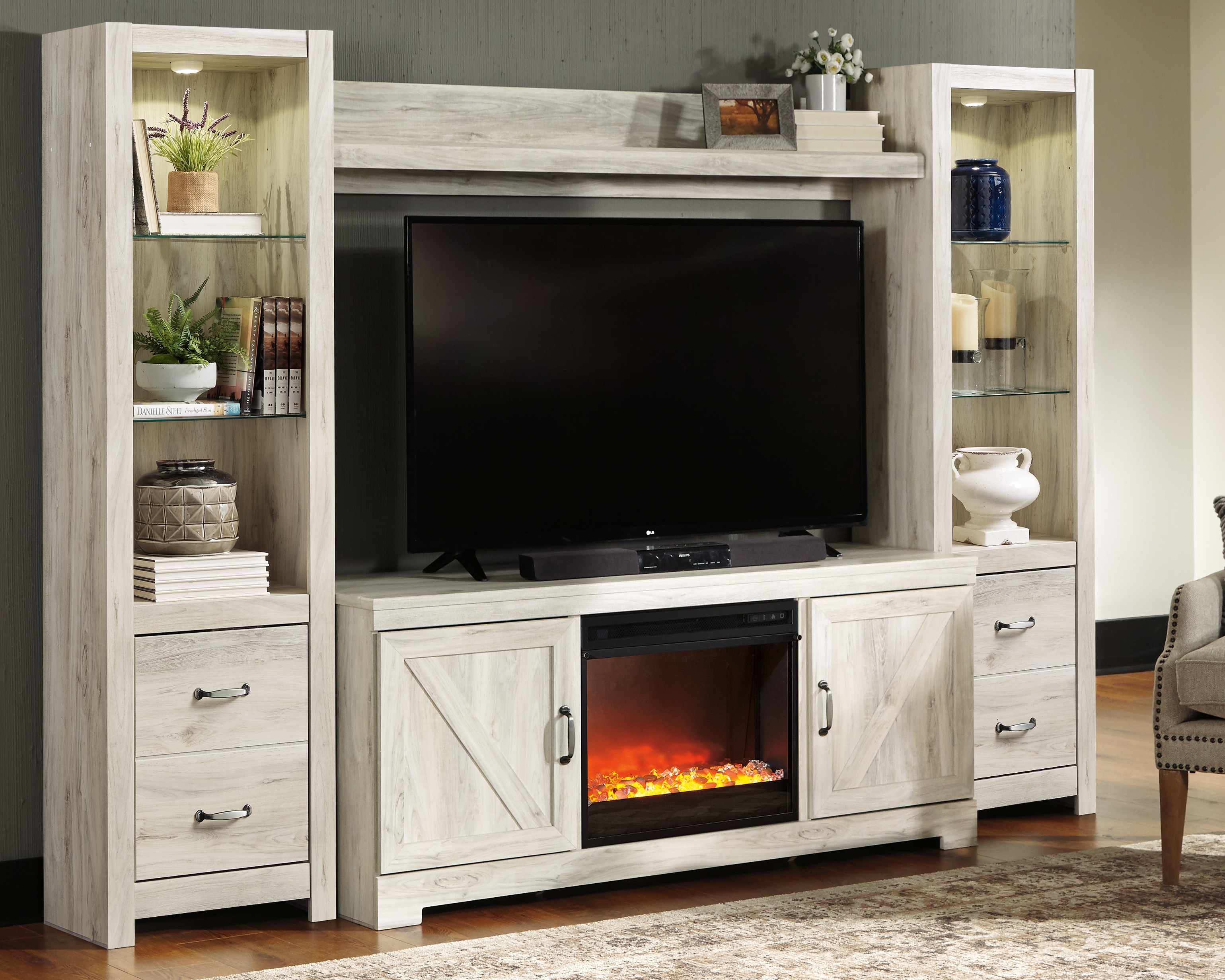 Bellaby - 5 Pc. - Entertainment Center - 63" TV Stand with Fireplace Insert Glass/Stone - Whitewash