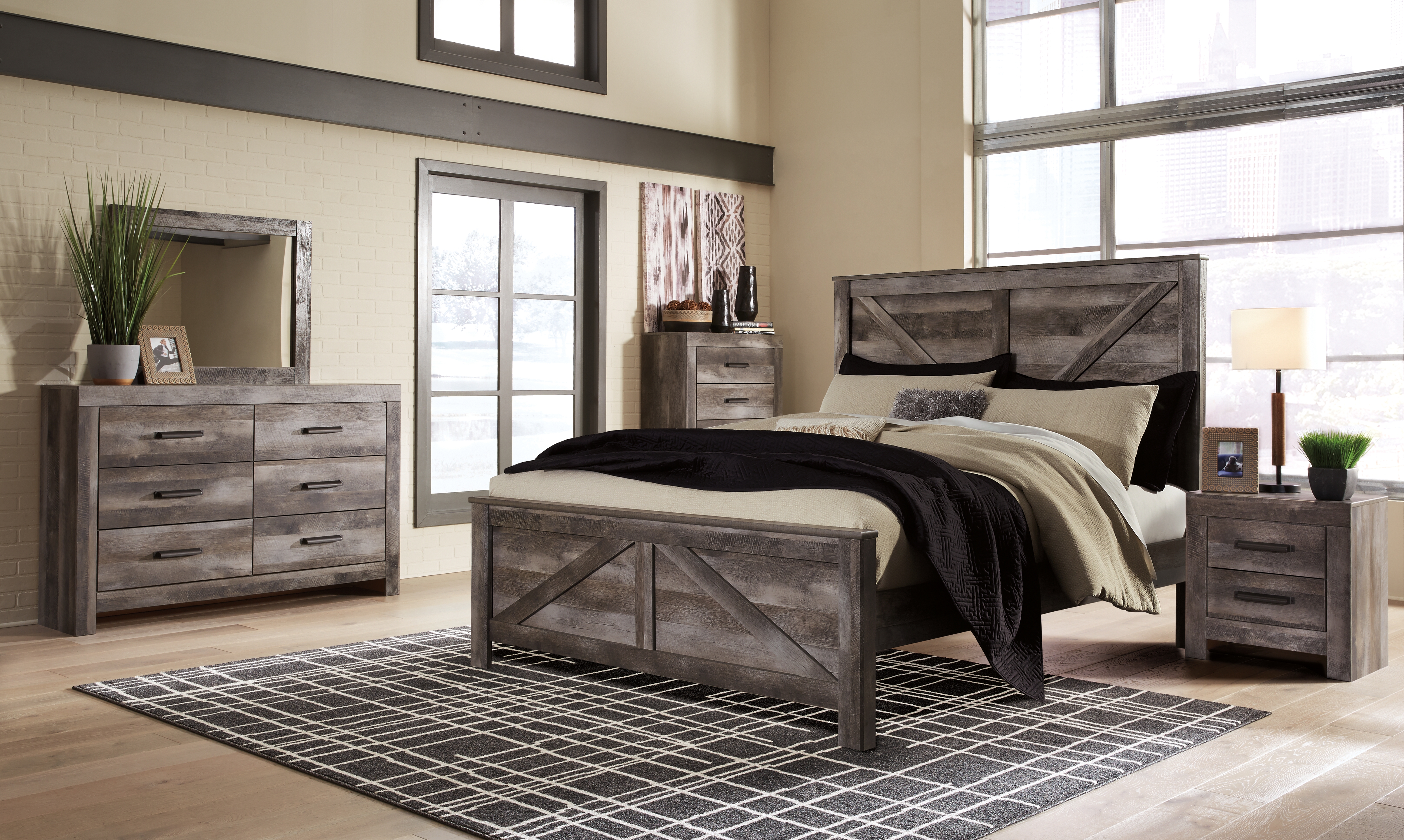 Wynnlow - 6 Pc. - Dresser, Mirror, Chest, King Crossbuck Panel Bed - Gray