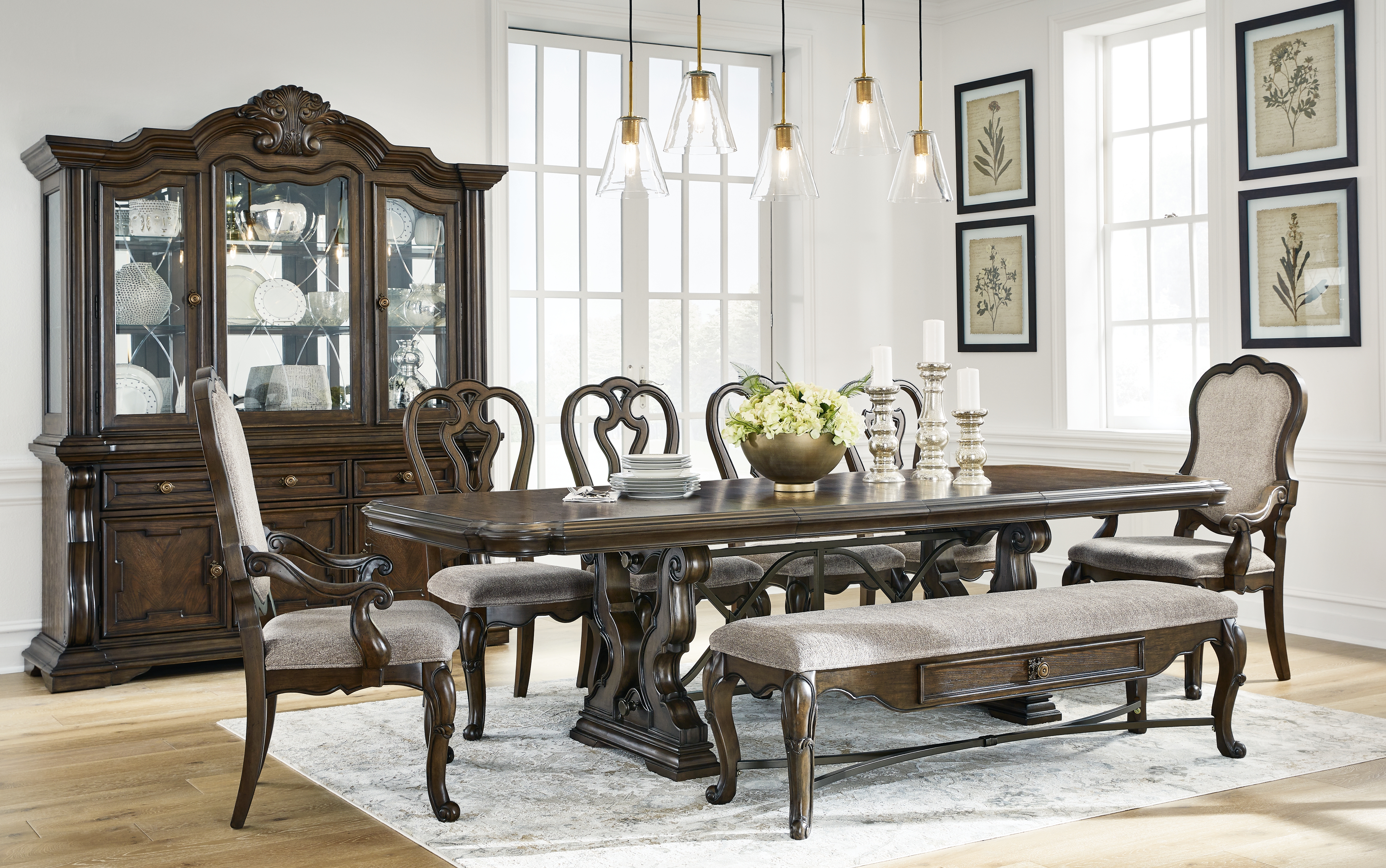 Maylee - 11 Pc. - Dining Extension Table, 4 Side Chairs, 2 Arm Chairs, Storage Bench, Buffet And Hutch - Dark Brown