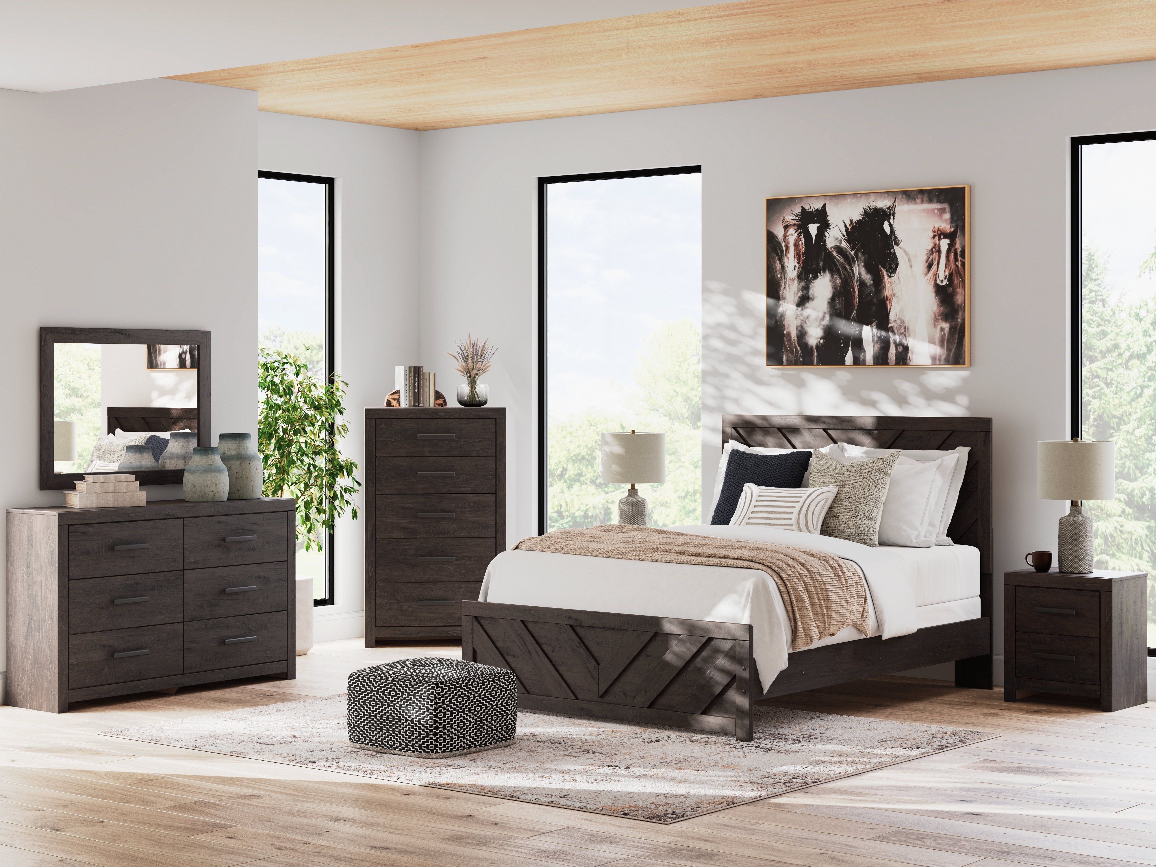 Prendonea - 5 Pc. - Dresser, Mirror, Chest, Queen Panel Bed - Charcoal