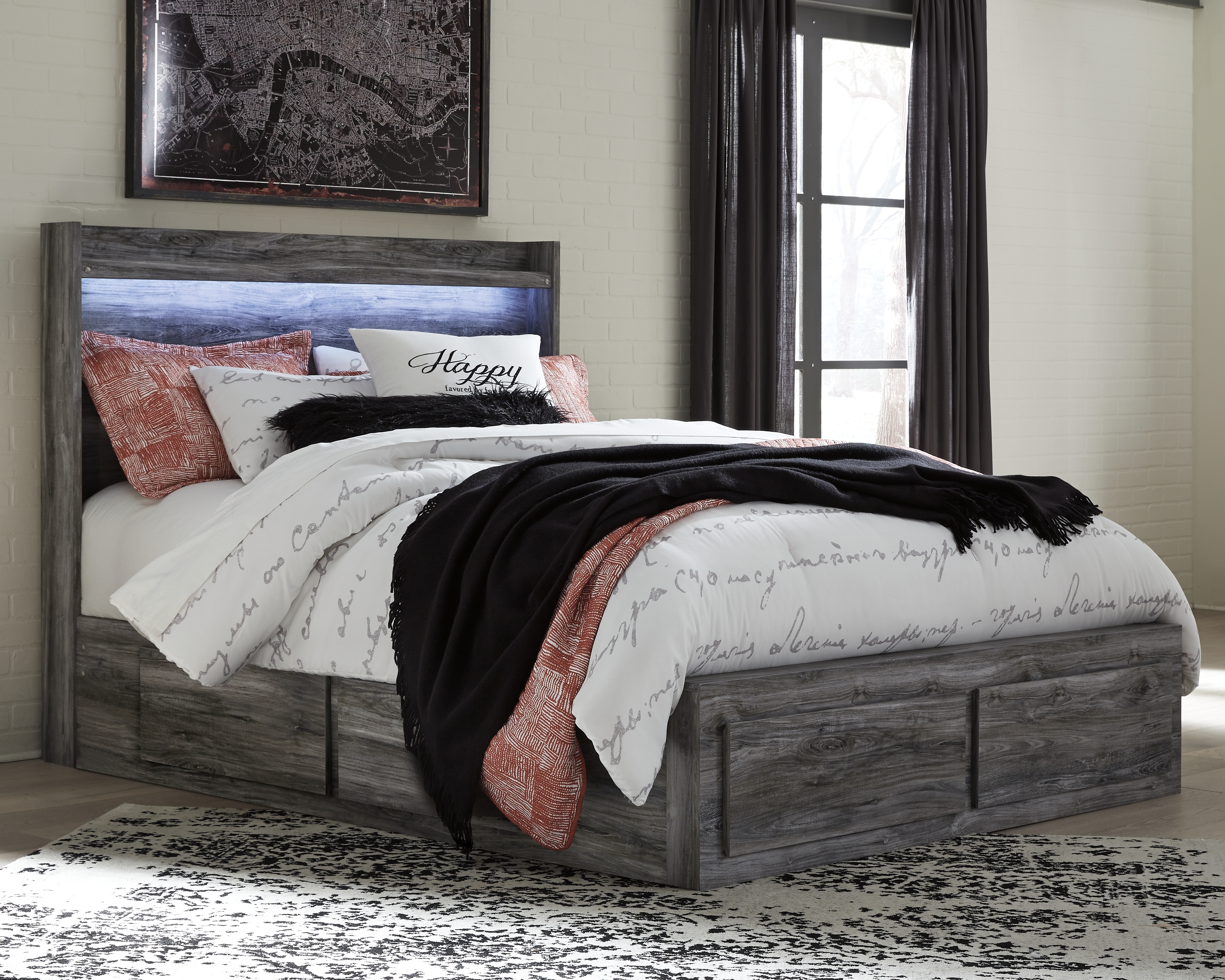 Baystorm - Queen Panel Bed with 6 Storage Drawers - Gray