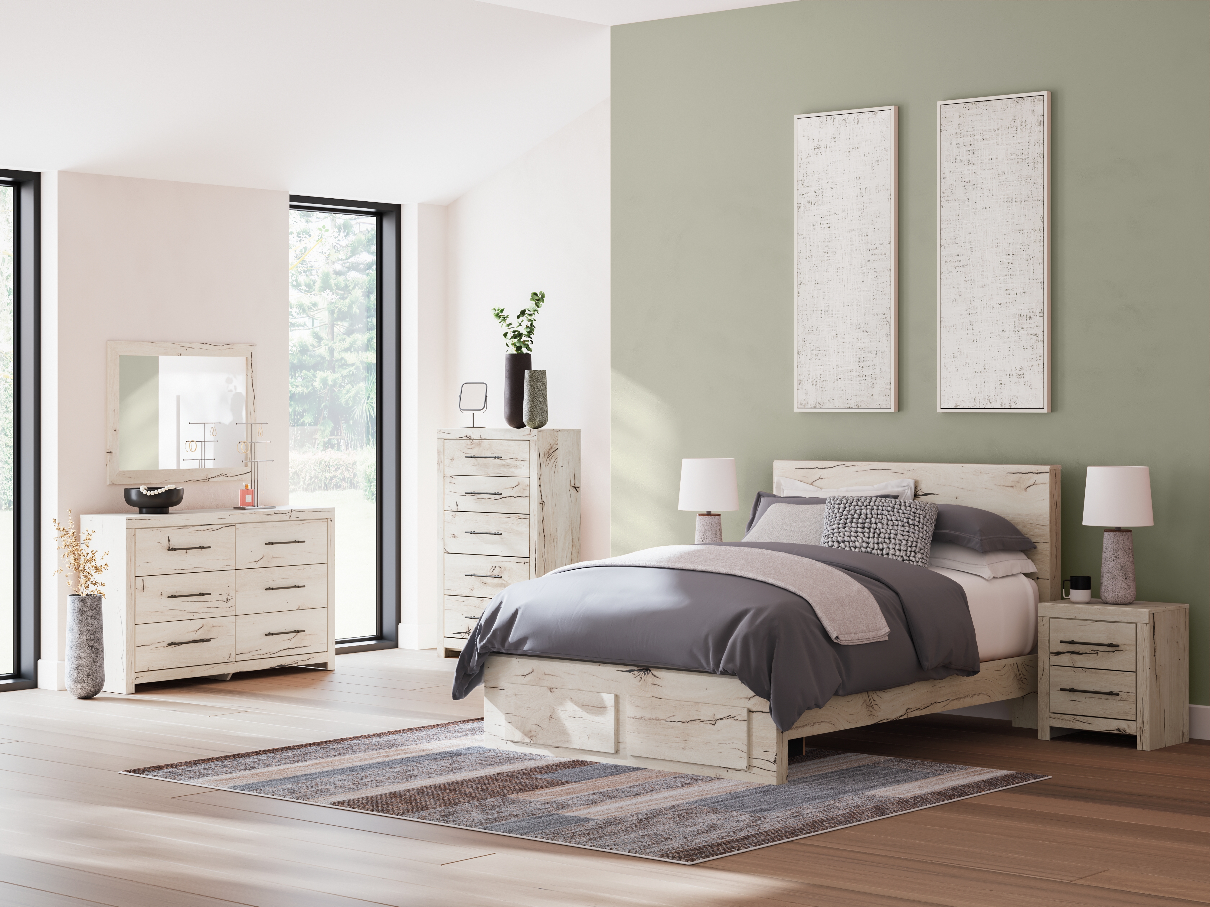 Lawroy - 6 Pc. - Dresser, Mirror, Queen Panel Bed With Storage Footboard - Light Natural