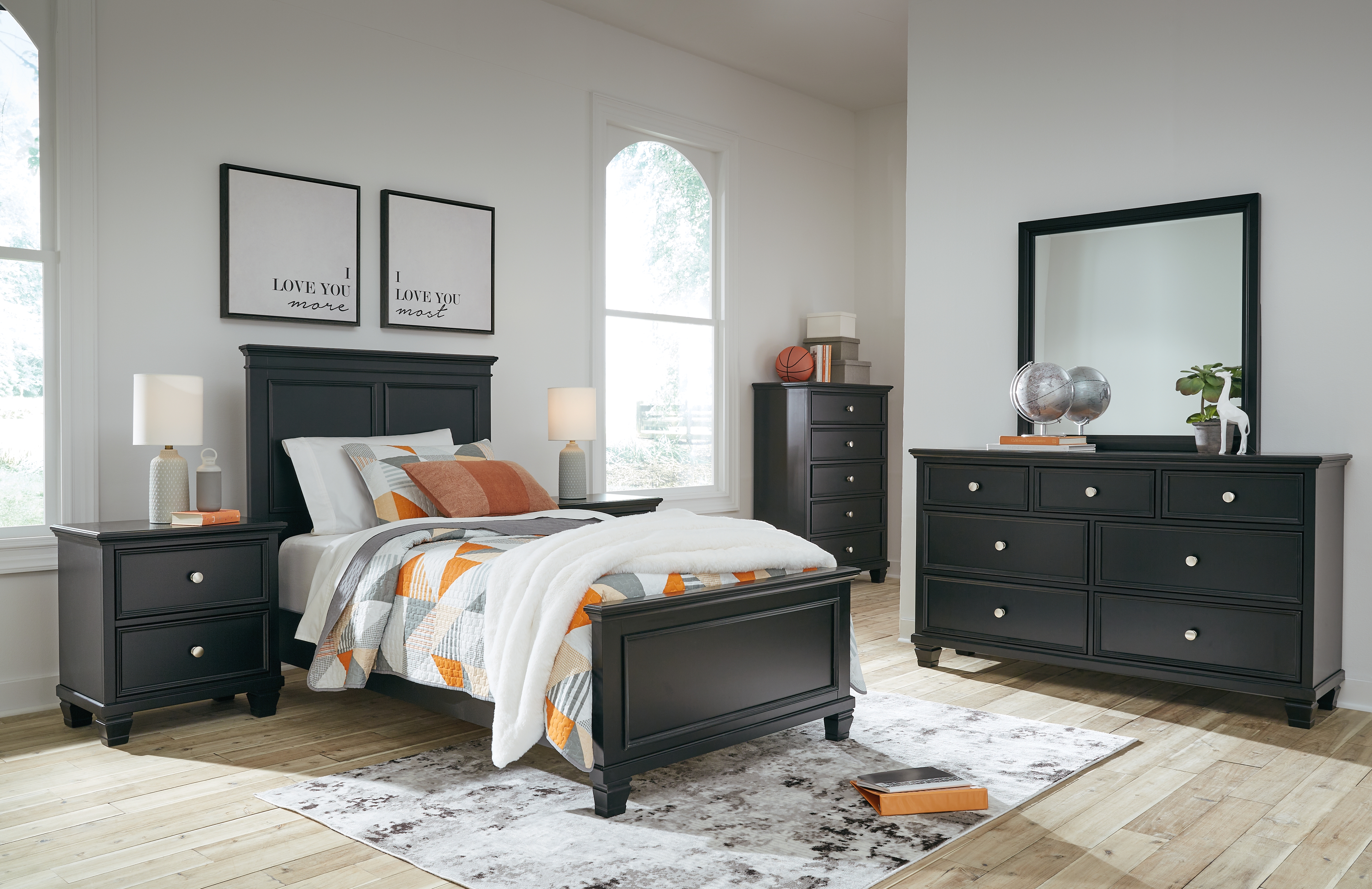 Lanolee - 6 Pc. - Dresser, Mirror, Chest, Twin Panel Bed - Black