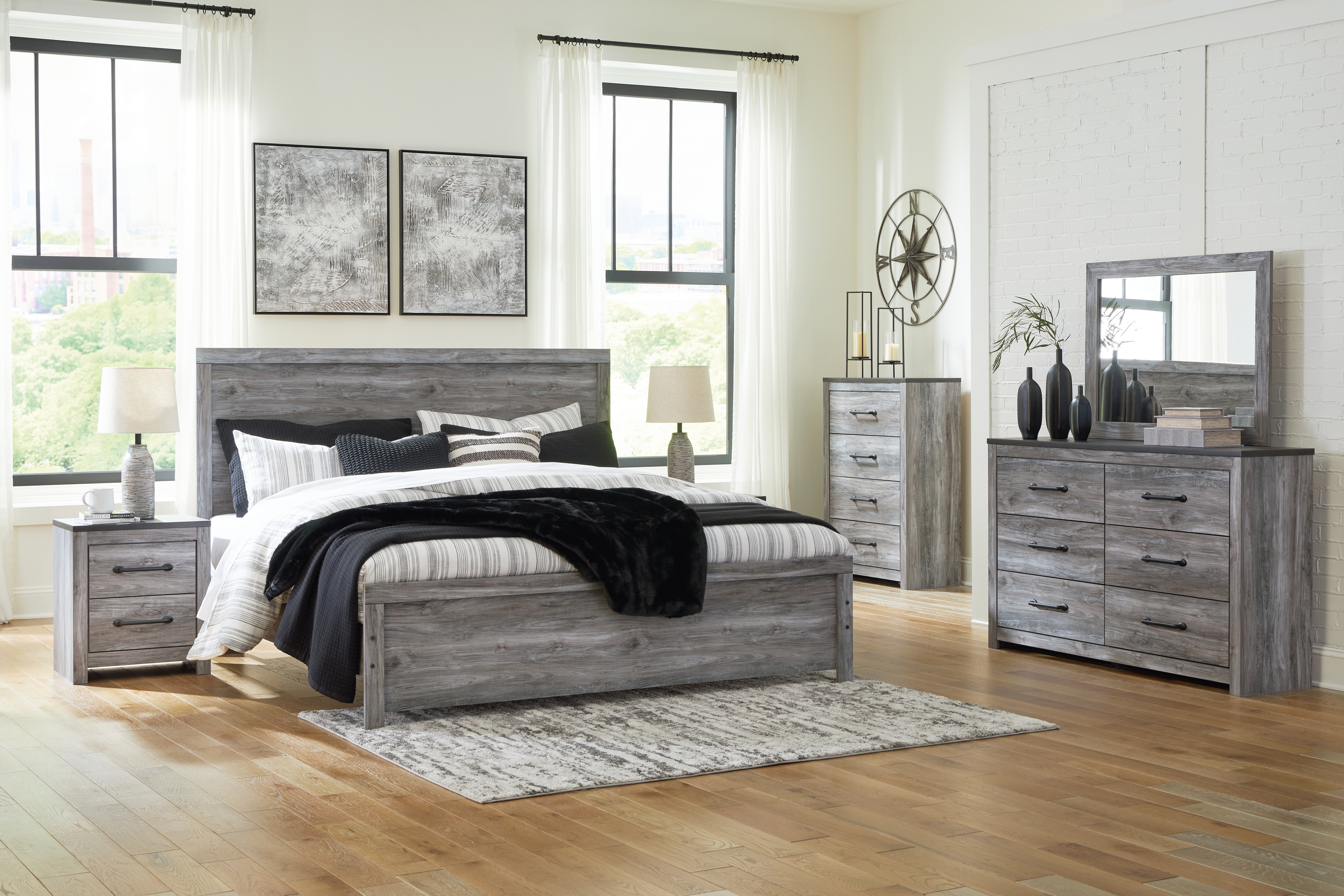 Bronyan - King Panel Bed - 5 Pc. - Dresser, Mirror, Chest, King Bed - Dark Gray