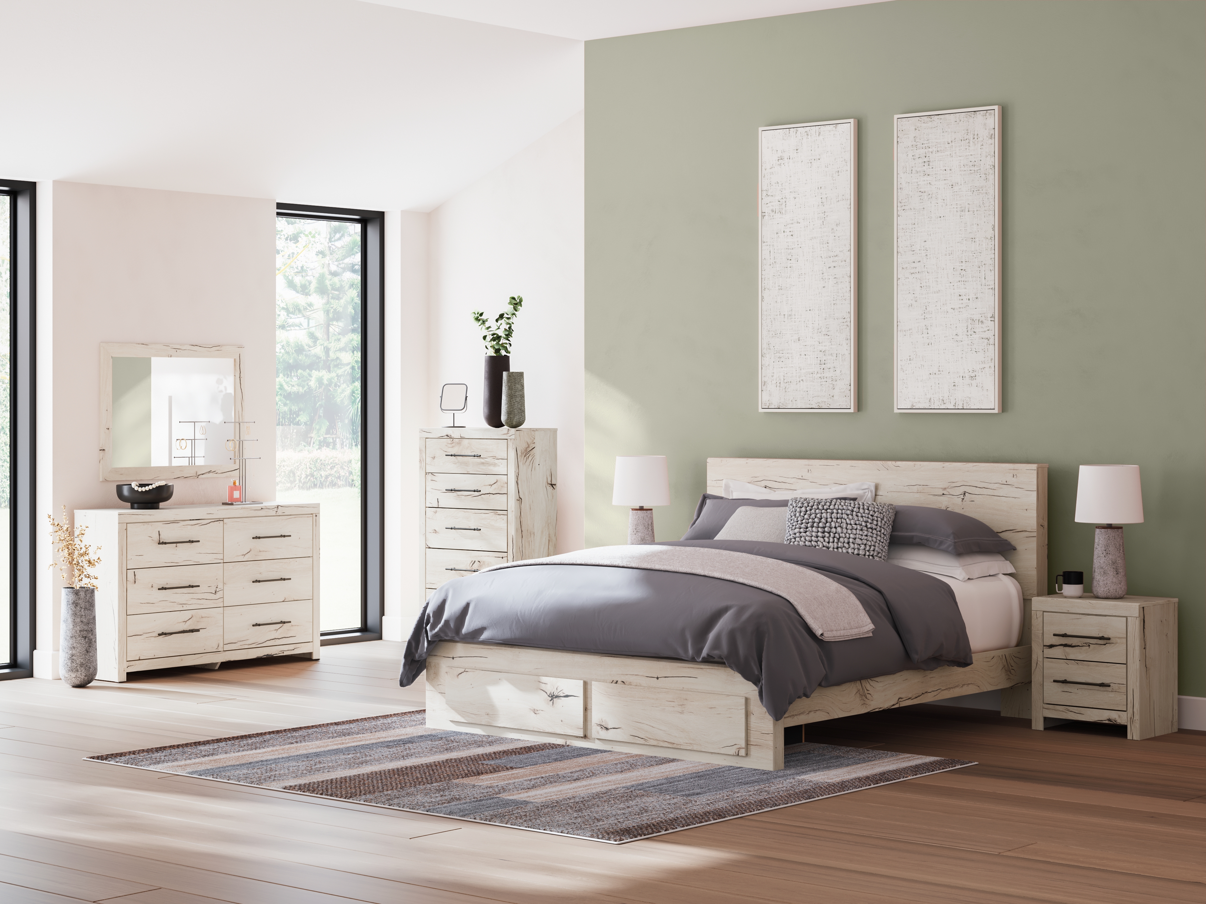 Lawroy - 6 Pc. - Dresser, Mirror, King Panel Bed With Storage Footboard - Light Natural