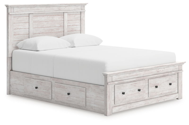 Makidern - Queen Panel Storage Bed With Under Bed Storage Unit And Storage Footboard - Whitewash