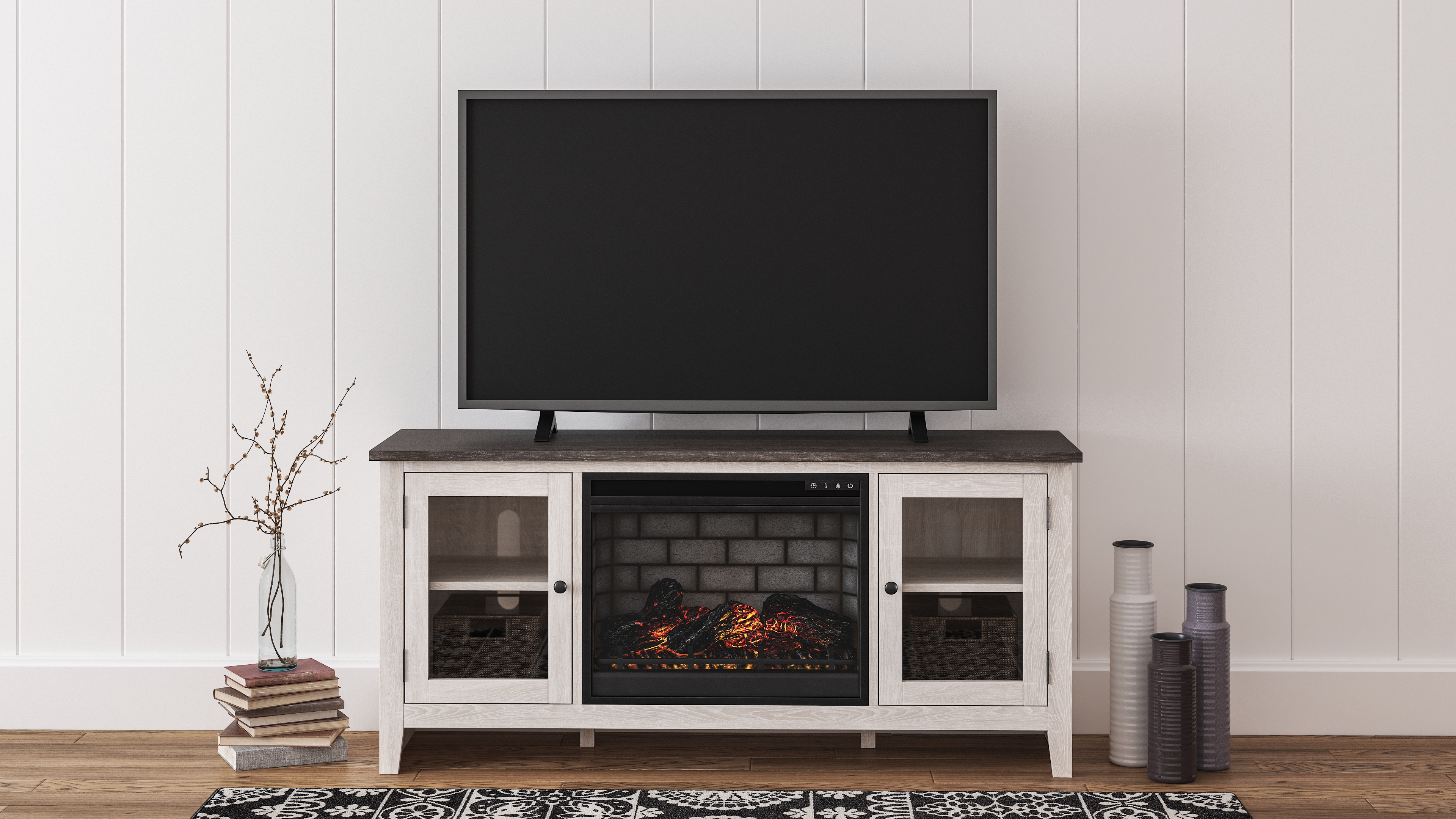 Dorrinson - 60" TV Stand with Faux Firebrick Fireplace Insert - White / Black / Gray