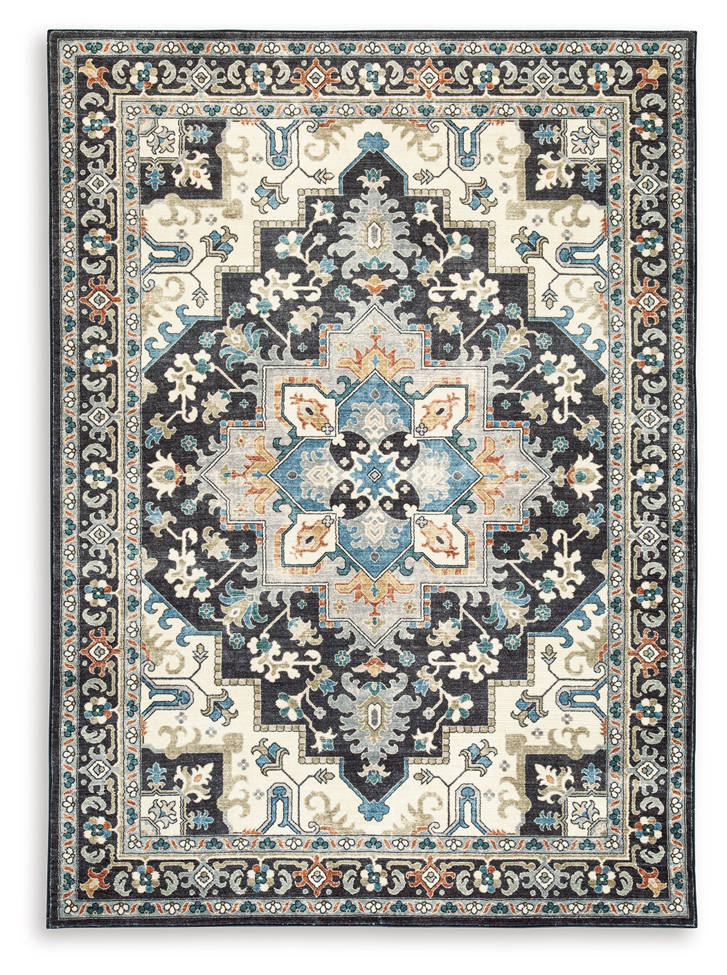 Leningston - 5' x 7' Washable Rug - Black / Cream / Blue