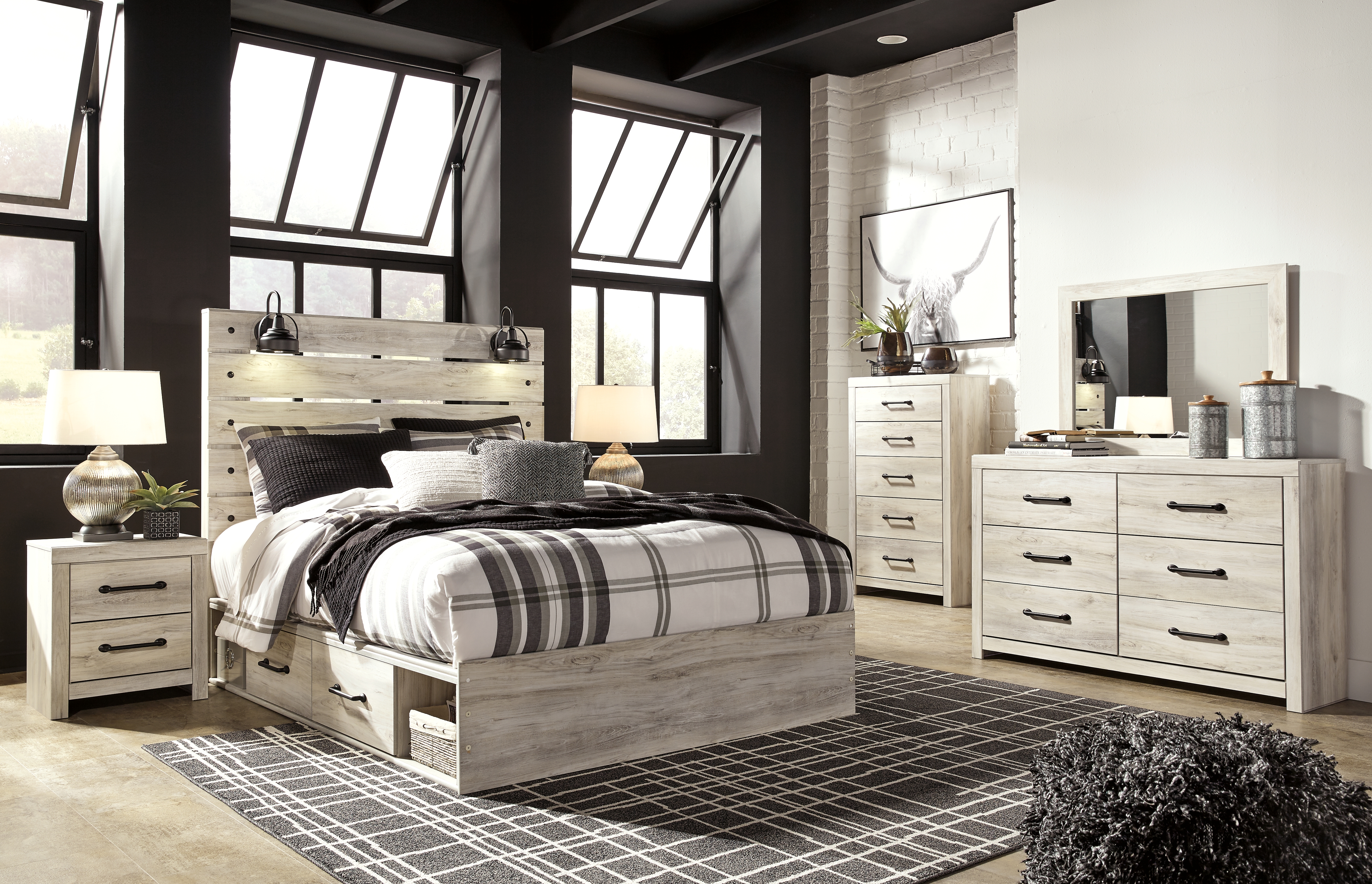 Cambeck - 10 Pc. - Dresser, Mirror, Chest, Queen Panel Bed with 4 Storage Drawers, 2 Nightstands - Whitewash